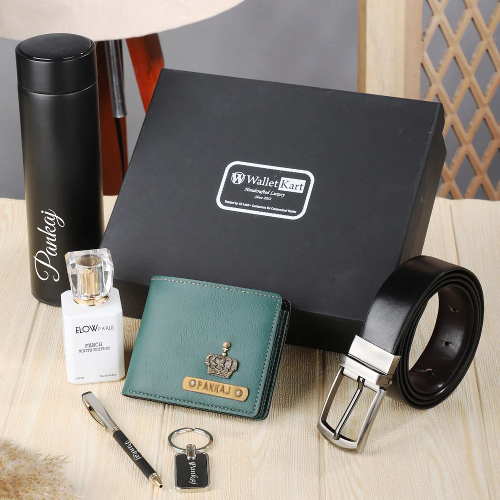 Personalised 6-in-1 Men's Wallet with Embossed Leather Name Strip & Charm and Belt, Metal Keychain, Pen, Perfume & Temperature Bottle For Boyfriend, Husband & Father On Birthday and Anniversary - Image 9