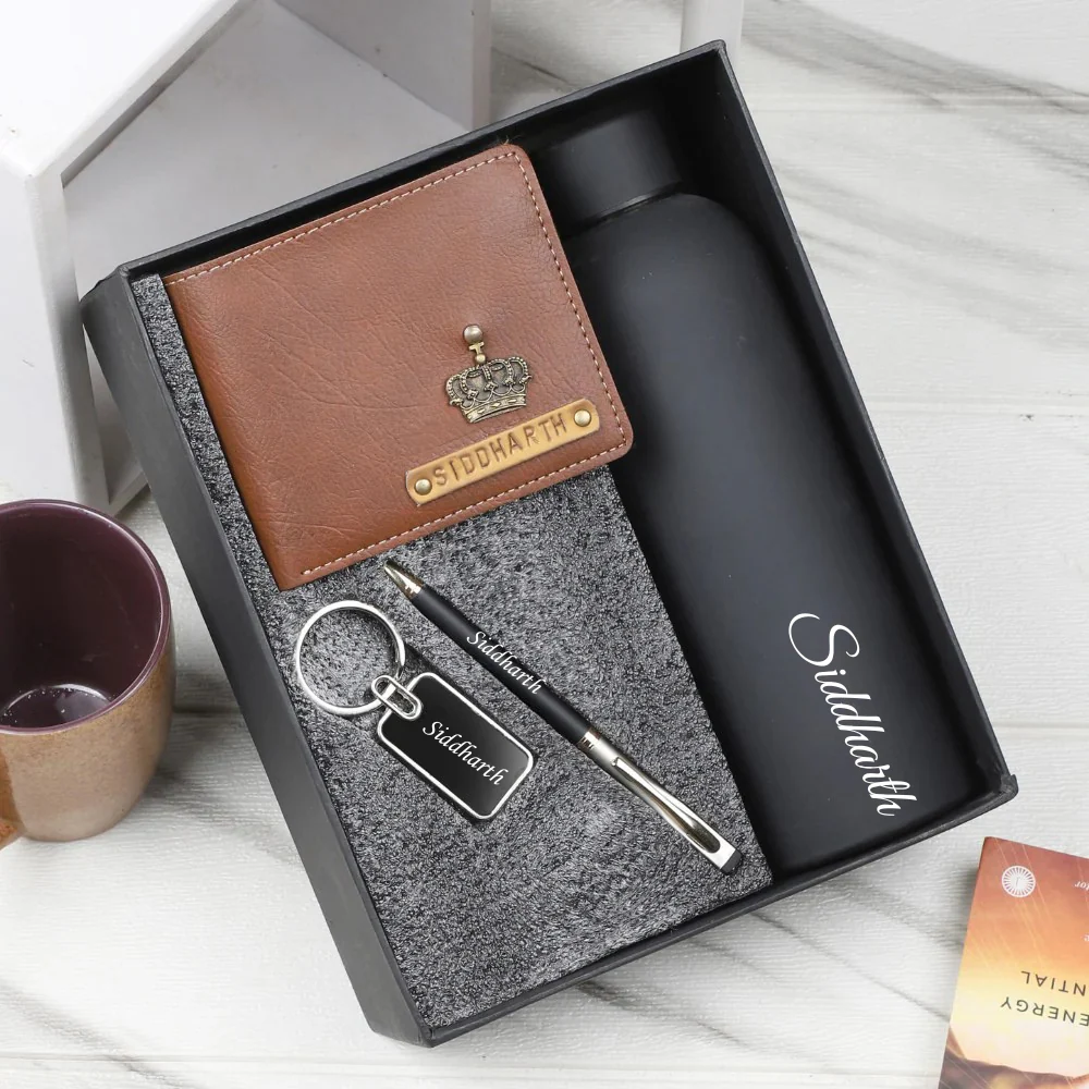 Personalised 4-in-1 Leather ās Wallet with Embossed Leather Name Strip and Charm and Pen, Metal Keychain & H2GO Bottle For Boyfriend, Husband & Father On Birthday and Anniversary - Image 6