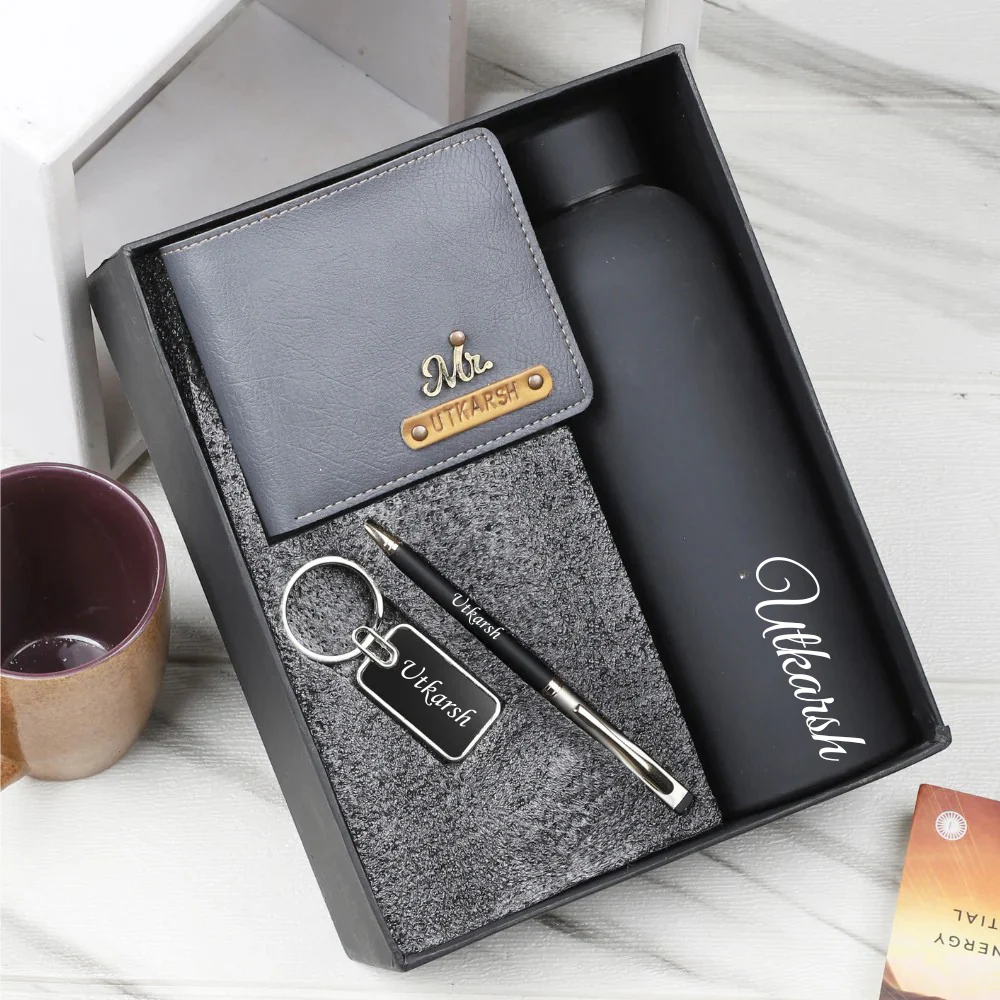 Personalised 4-in-1 Leather ās Wallet with Embossed Leather Name Strip and Charm and Pen, Metal Keychain & H2GO Bottle For Boyfriend, Husband & Father On Birthday and Anniversary - Image 8
