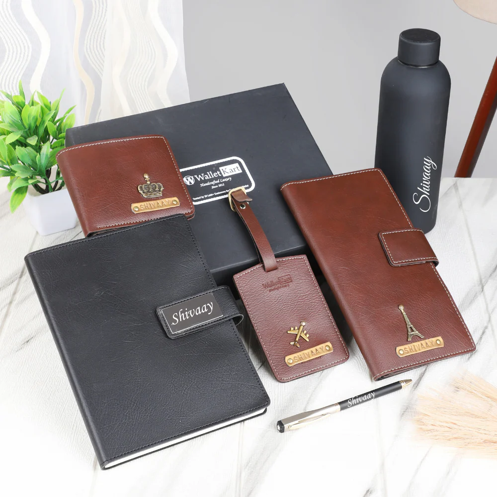 Personalized Leather Men's Wallet,Luggage Tag,Diary,Travel Wallet,Pen, H2GO Bottle Emboss Leather Strip With Name and Charm | Customised 6 In 1 Gift Combo For Boyfriend Husband & Father On Birthday and Anniversary - Image 5