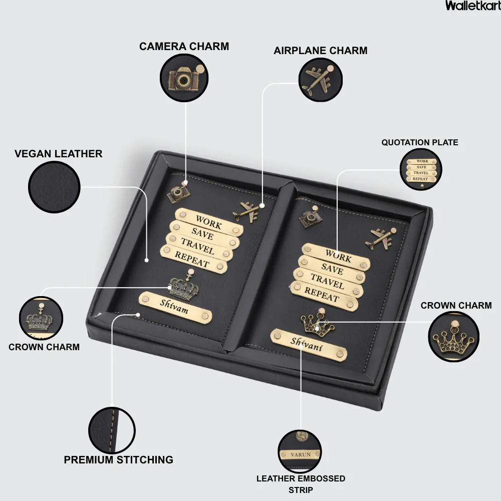 Personalized Leather Couple Passport Cover with Name and Charm (WORK SAVE TRAVEL REPEAT) - Image 10