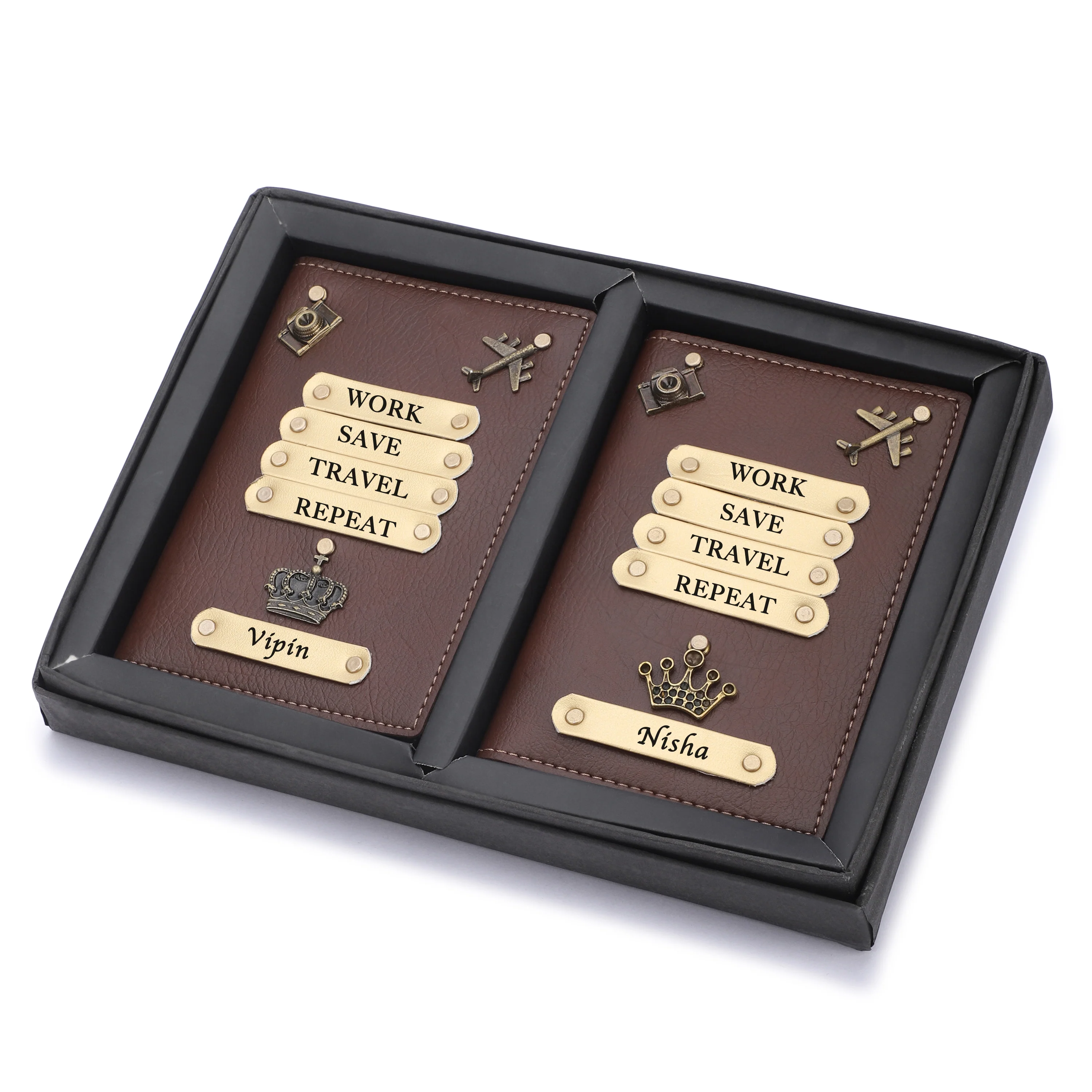 Personalized Leather Couple Passport Cover with Name and Charm (WORK SAVE TRAVEL REPEAT) - Image 5