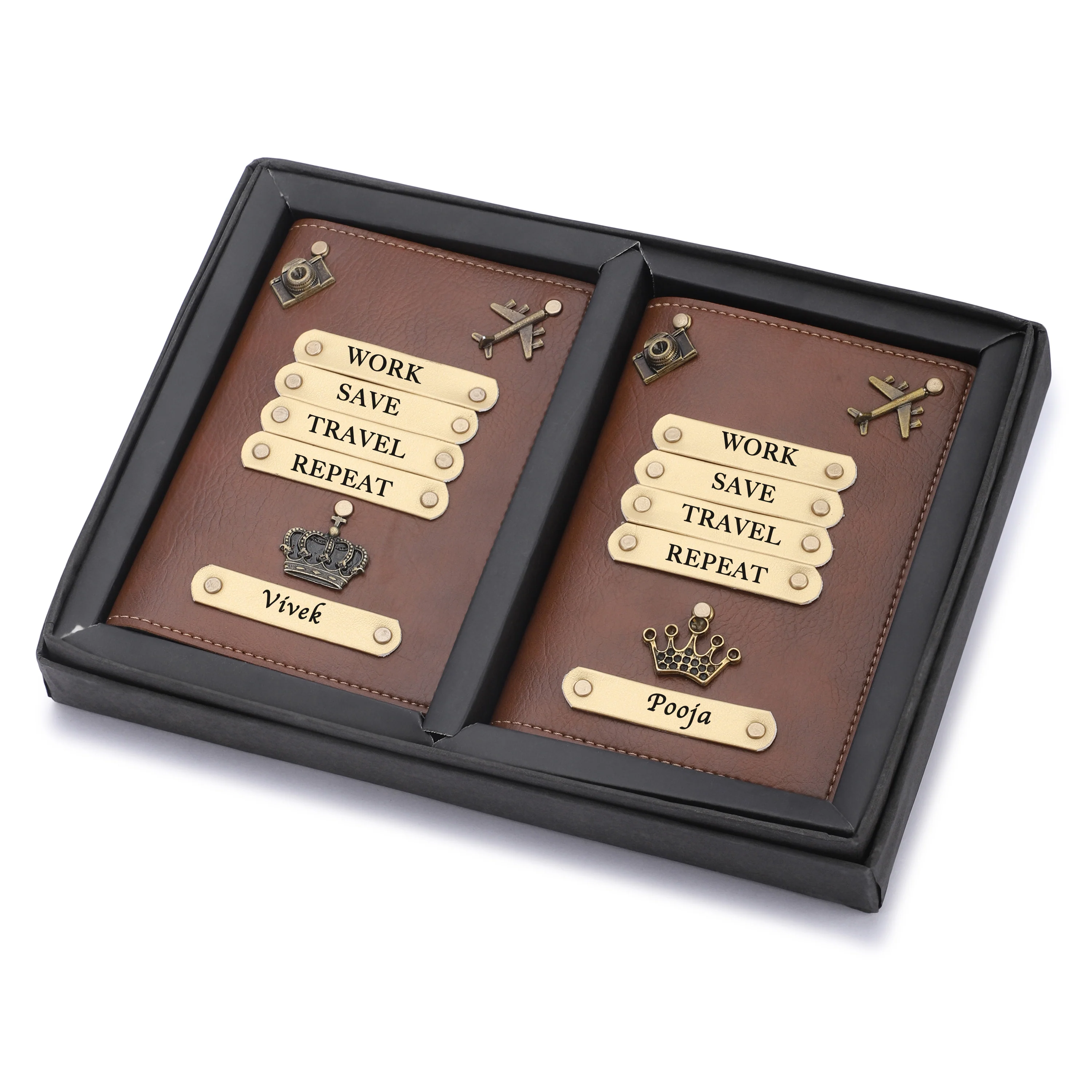 Personalized Leather Couple Passport Cover with Name and Charm (WORK SAVE TRAVEL REPEAT) - Image 6
