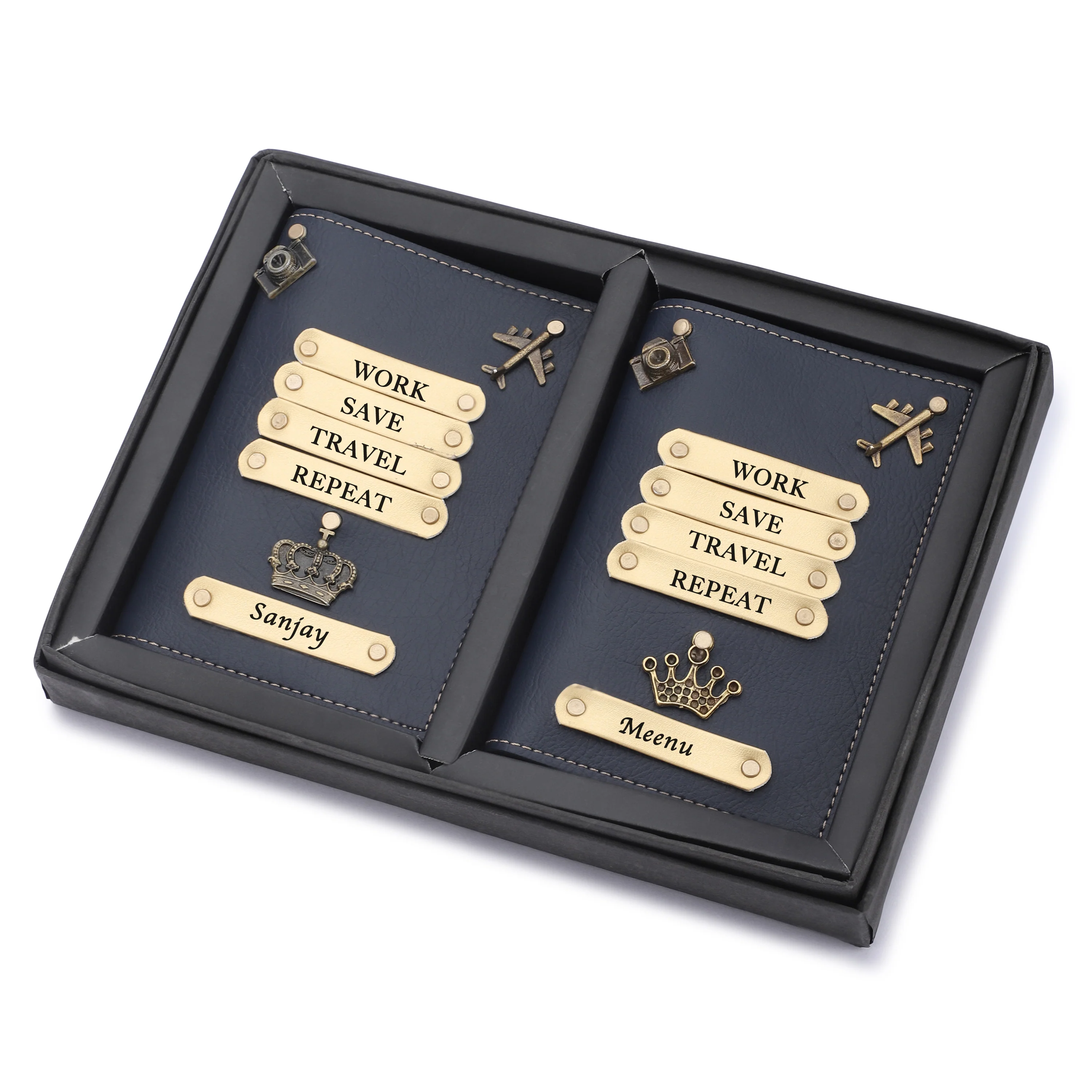 Personalized Leather Couple Passport Cover with Name and Charm (WORK SAVE TRAVEL REPEAT) - Image 7