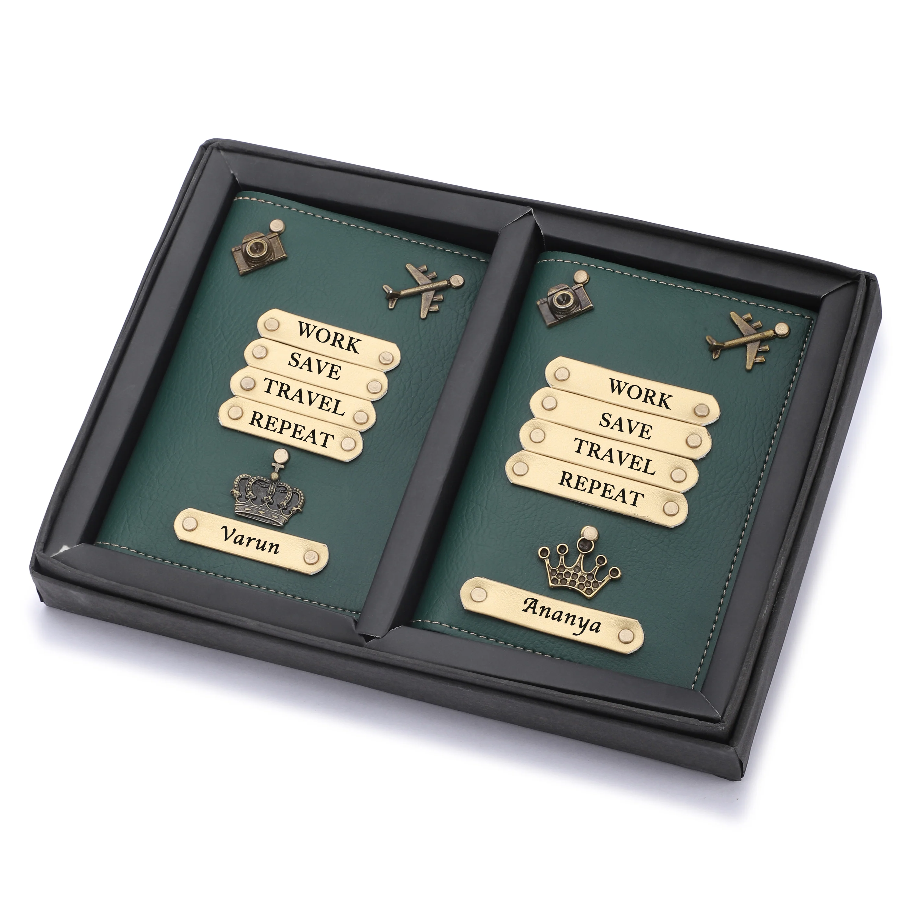 Personalized Leather Couple Passport Cover with Name and Charm (WORK SAVE TRAVEL REPEAT) - Image 8