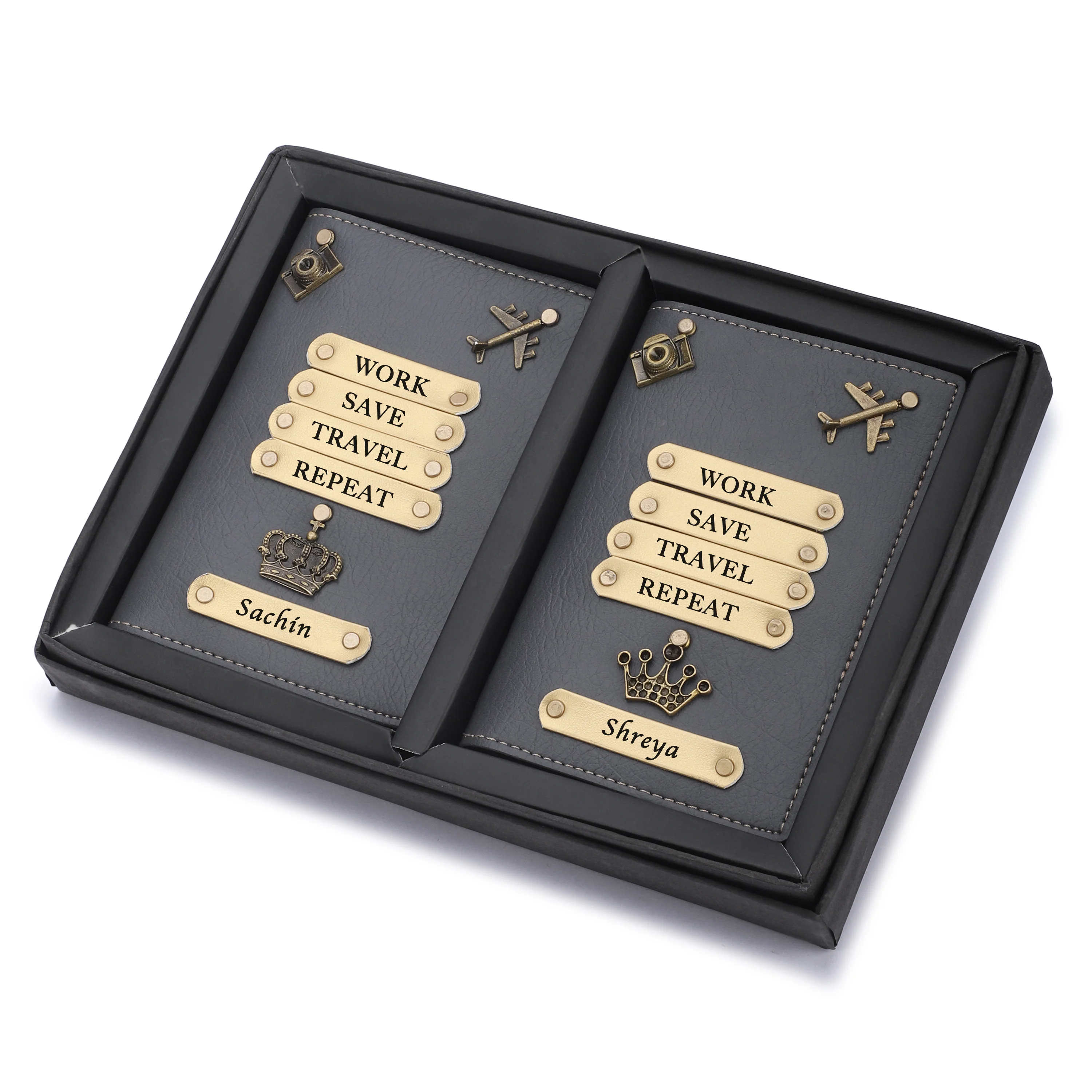 Personalized Leather Couple Passport Cover with Name and Charm (WORK SAVE TRAVEL REPEAT) - Image 9