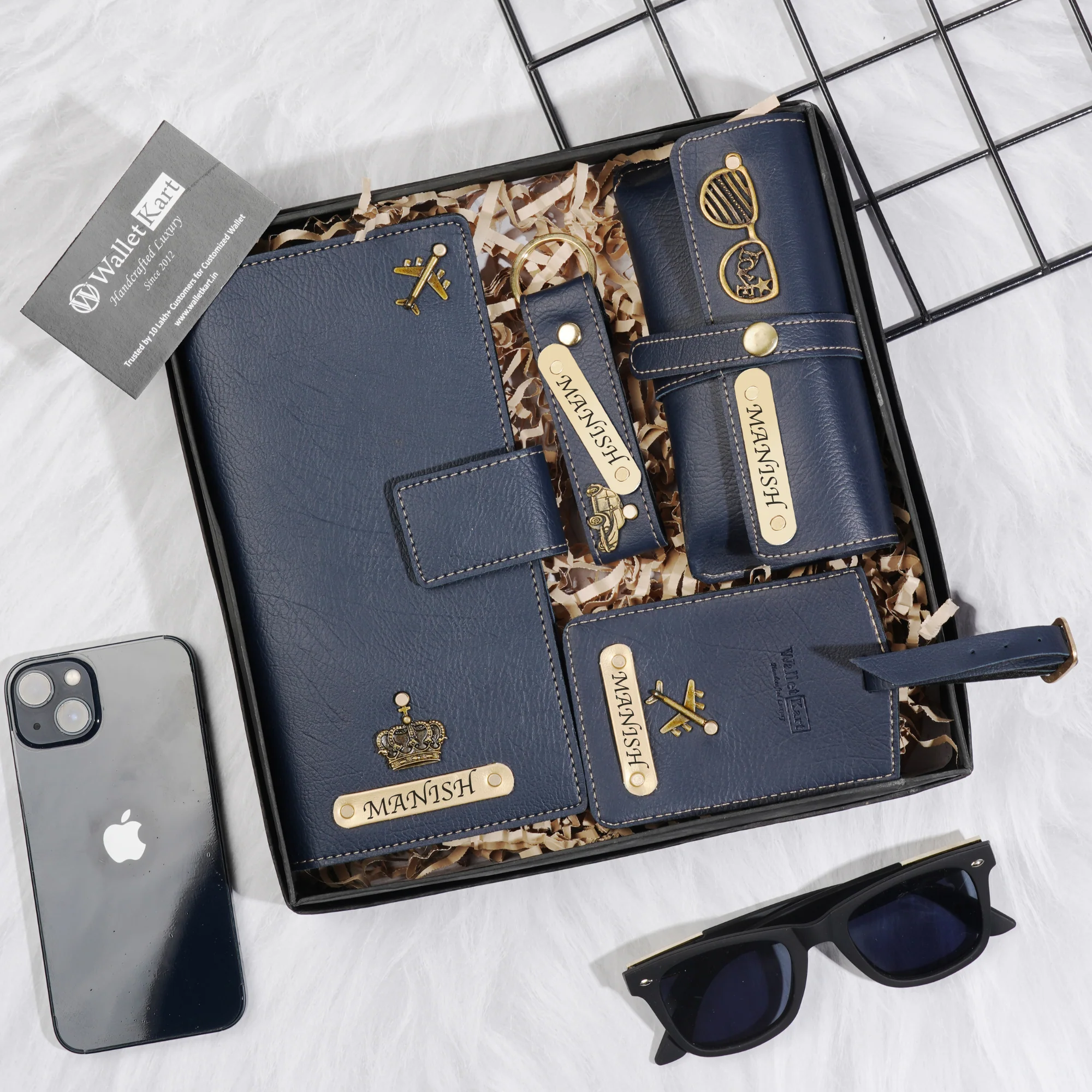 Personalized Leather Travel Wallet, Luggage Tag, Keychain & Eyewear Case Engraved Golden Name Plate With Name and Charm | Customised 4 In 1 Gift Combo For Boyfriend Husband & Father On Birthday and Anniversary - Image 5