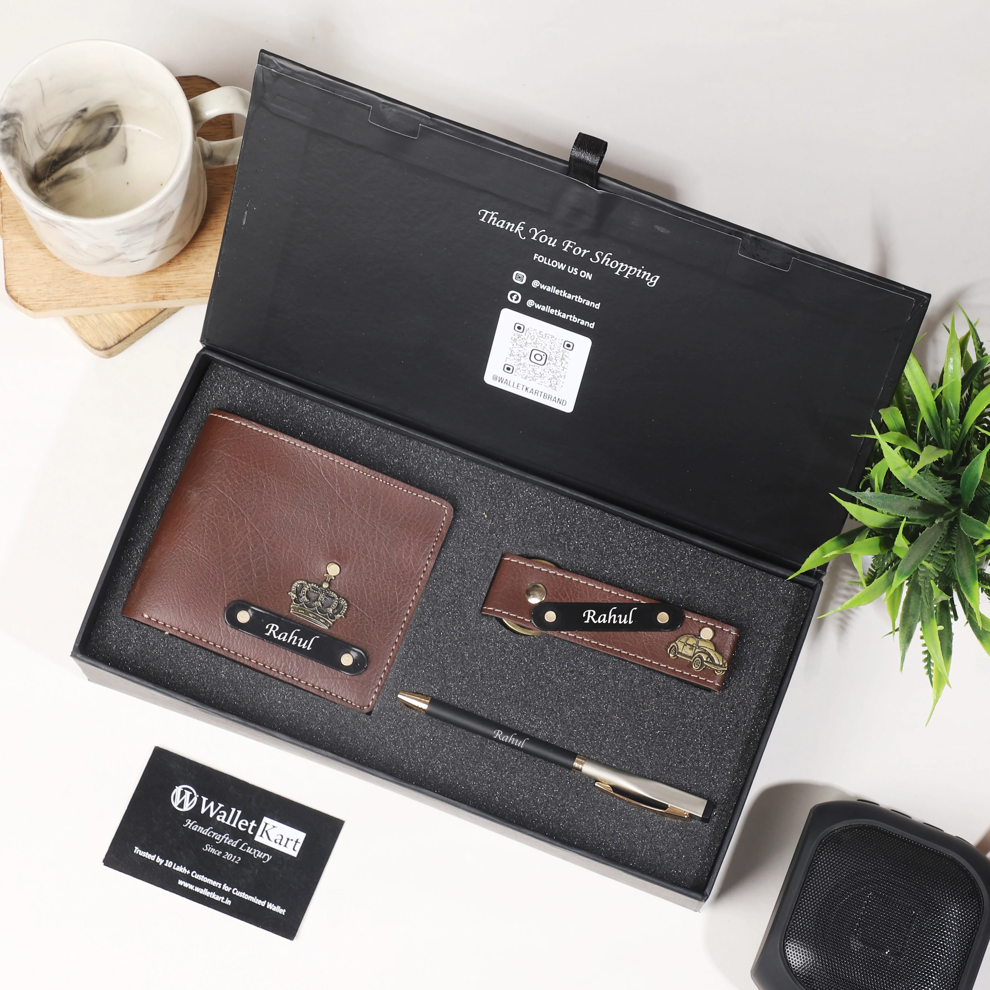 Personalised Leather Wallet, Pen & Keychain for Men | Custom Gift Combo - Image 4