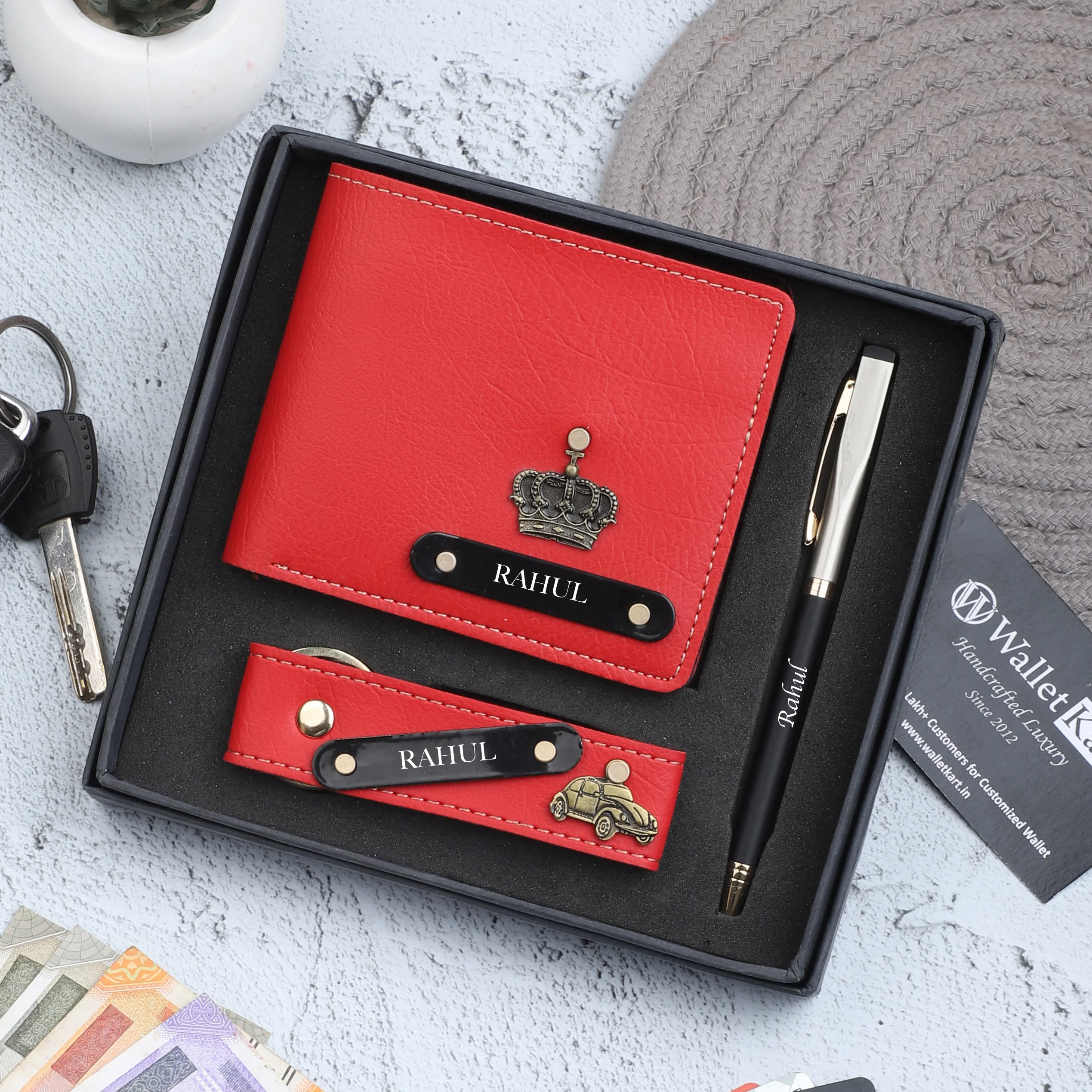 Personalised Leather Wallet, Pen & Keychain for Men | Custom Gift Combo - Image 9
