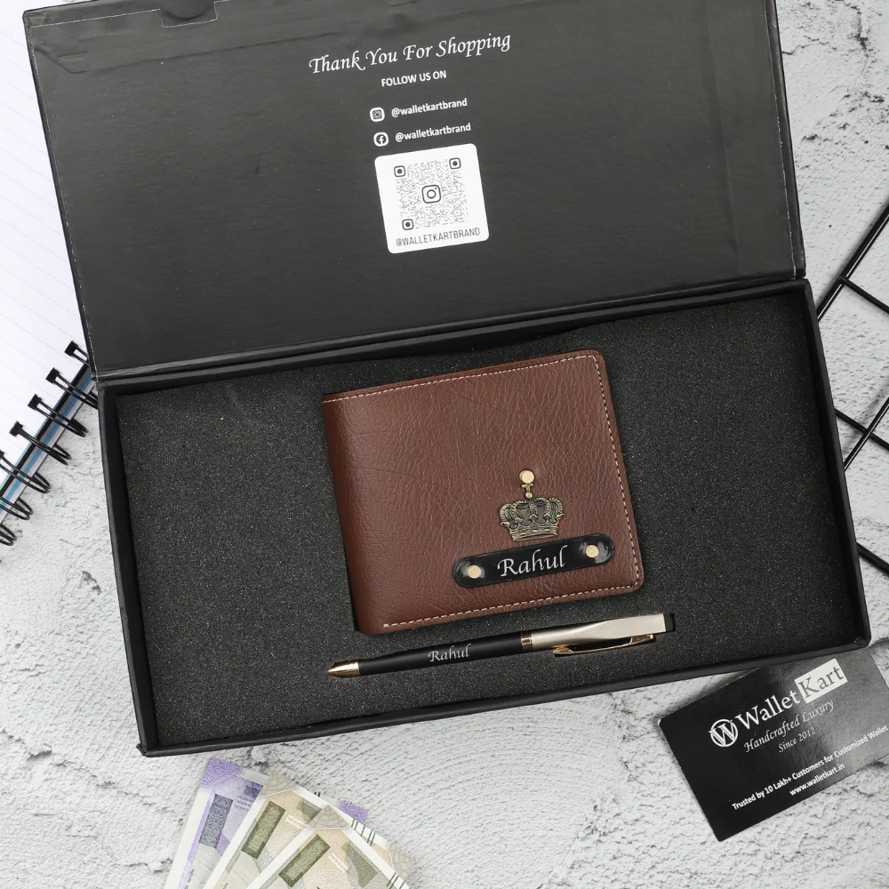 Personalized Leather Men's Wallet with name & Pen Set for Him - Image 4