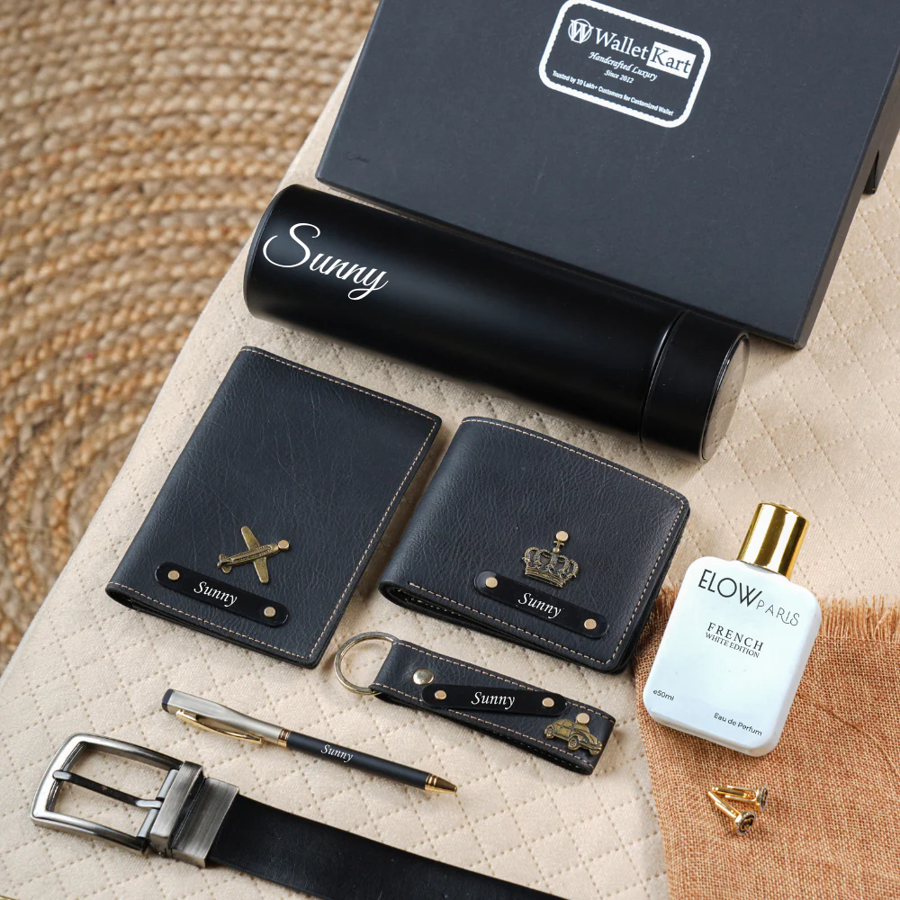 Personalised 7-in-1 Leather 's Wallet, Passport Cover, Keychain with Engraved Black Plate With Name and Charm and Pen, Perfume, Belt, Temperature Bottle For Boyfriend, Husband & Father On Birthday and Anniversary - Image 5