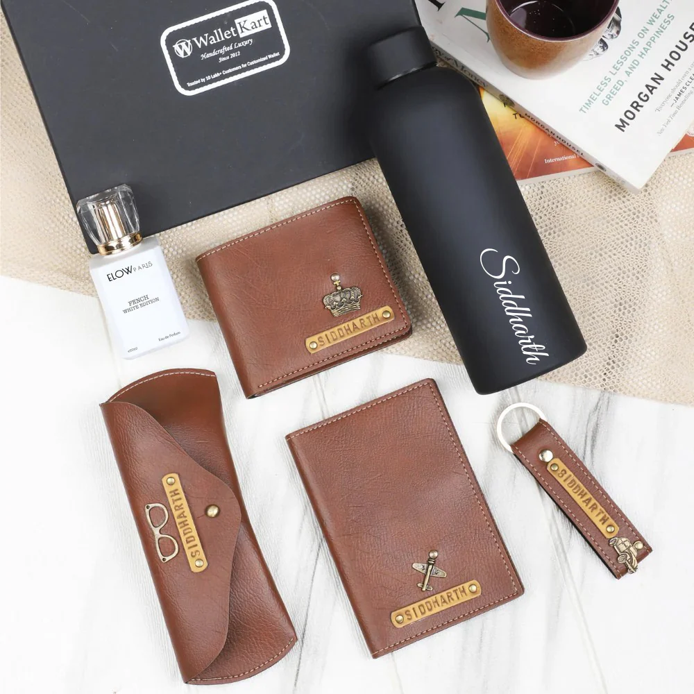 Personalised 6-in-1 Leather's Wallet, Passport Cover, Keychain, Eyewear Case with Embossed Leather Name Strip & Charm and Perfume & H2GO Bottle For Boyfriend, Husband & Father On Birthday and Anniversary - Image 5