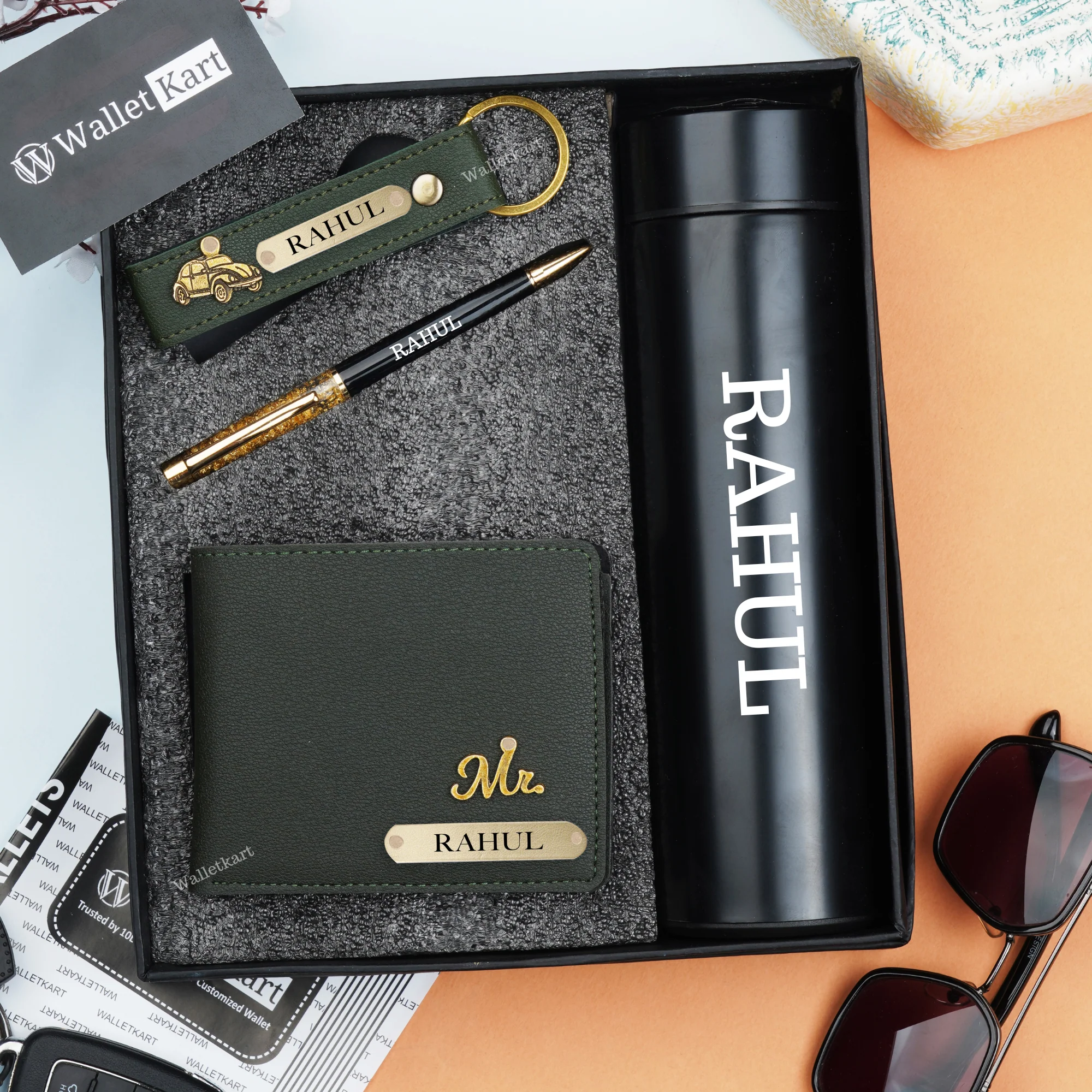 Personalized Men's Wallet, KeyChain, Pen, With Temperature Bottle - Image 12