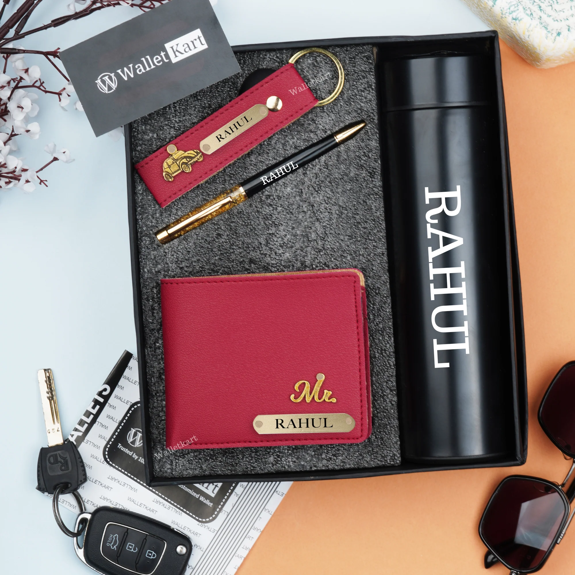Personalized Men's Wallet, KeyChain, Pen, With Temperature Bottle - Image 15