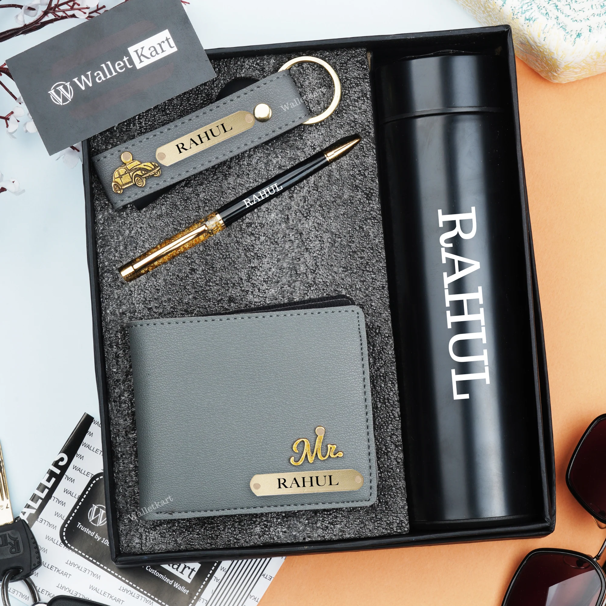 Personalized Men's Wallet, KeyChain, Pen, With Temperature Bottle - Image 7