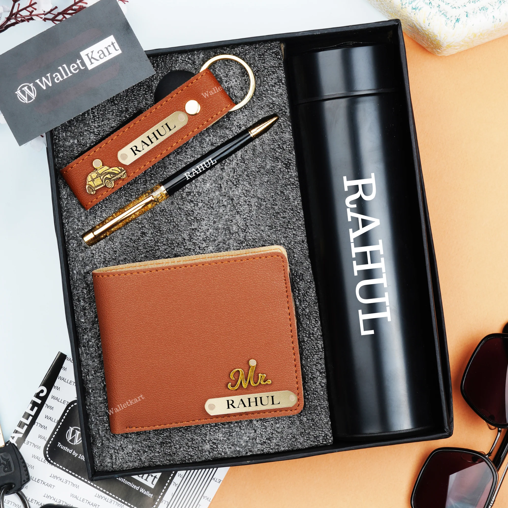Personalized Men's Wallet, KeyChain, Pen, With Temperature Bottle - Image 8