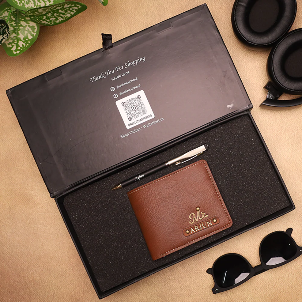 Personalised 2-in-1 Leather Mens' Wallet with Golden Foil Name Strip & Charm and Pen For Boyfriend, Husband & Father On Birthday and Anniversary - Image 6