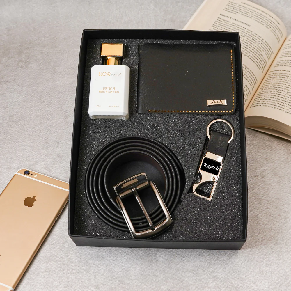 Premium 4-in-1 Personalized Gift Set – Wallet, Belt, Snaphook & Perfume for Boyfriend/Husband on Birthday & Anniversary  (Style ID #17) - Image 3