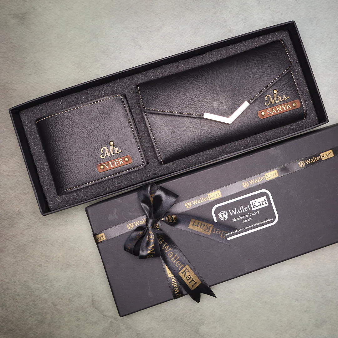 Personalised Couple Wallet & Clutch with Golden Foil Name Plate | Custom