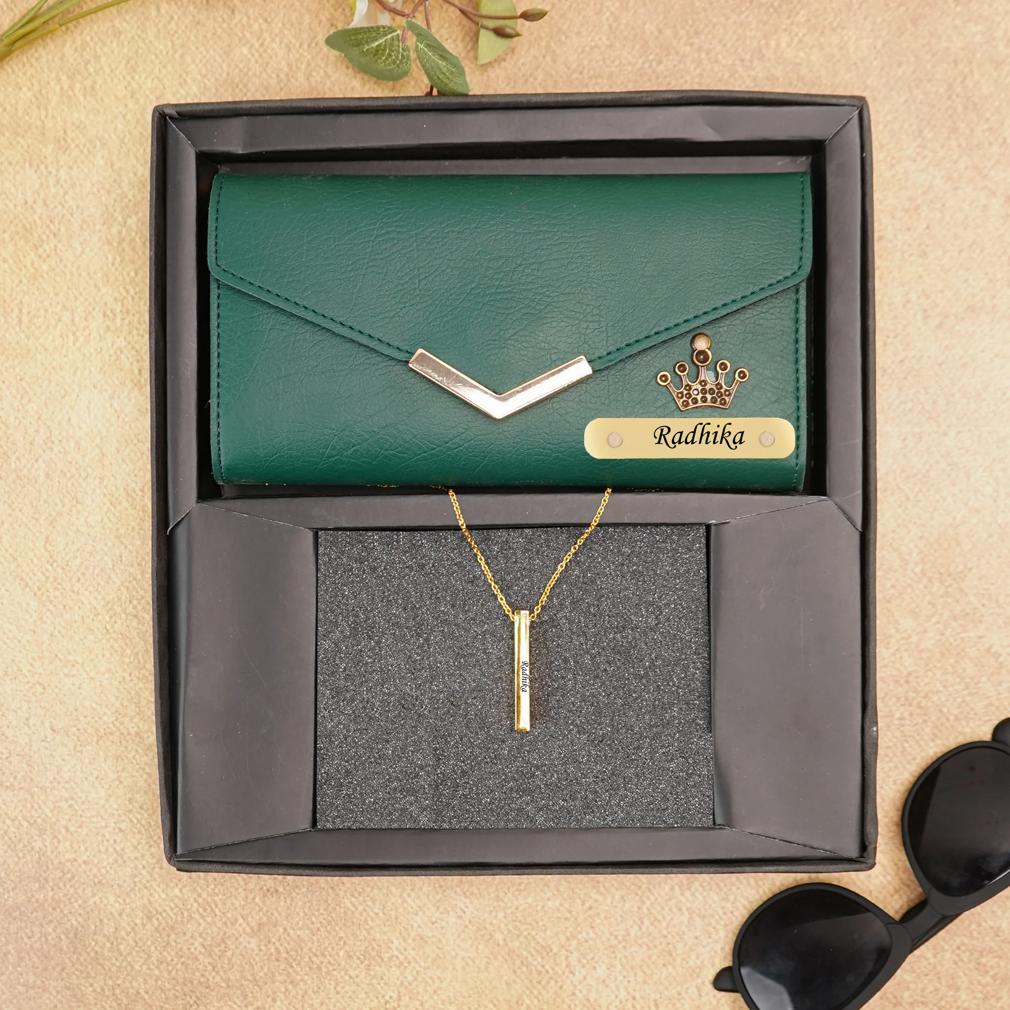 Premium Custom Leather Name Clutch with Charm & Personalised Golden Pendant - Image 6