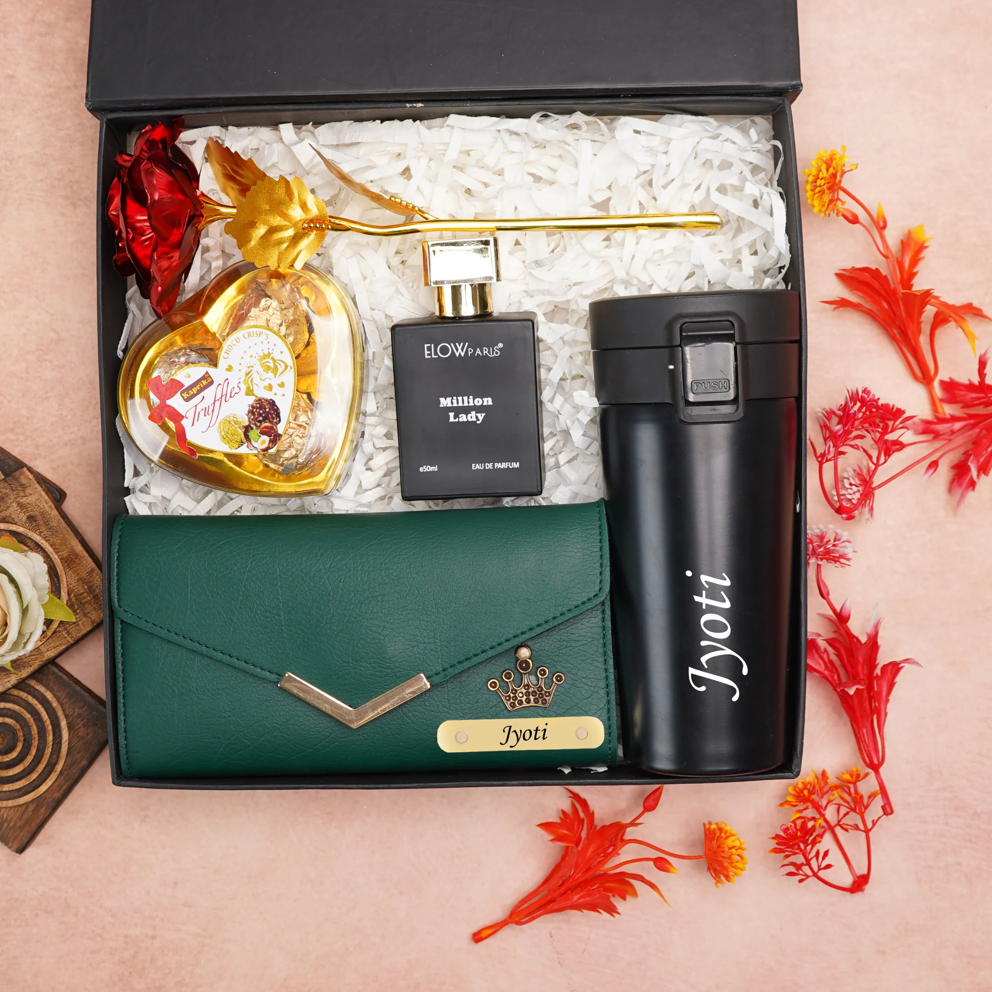 Personalised 5-in-1 Gift Box for Girlfriend | Wife Birthday & Anniversary – Personalised Name Clutch, Perfume, Travel Mug & Chocolates & Rose for birthday & anniversary - Image 3
