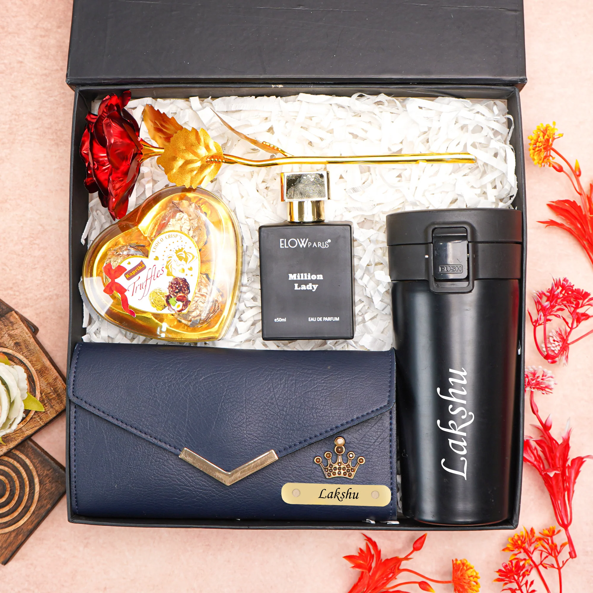 Personalised 5-in-1 Gift Box for Girlfriend | Wife Birthday & Anniversary – Personalised Name Clutch, Perfume, Travel Mug & Chocolates & Rose for birthday & anniversary - Image 4