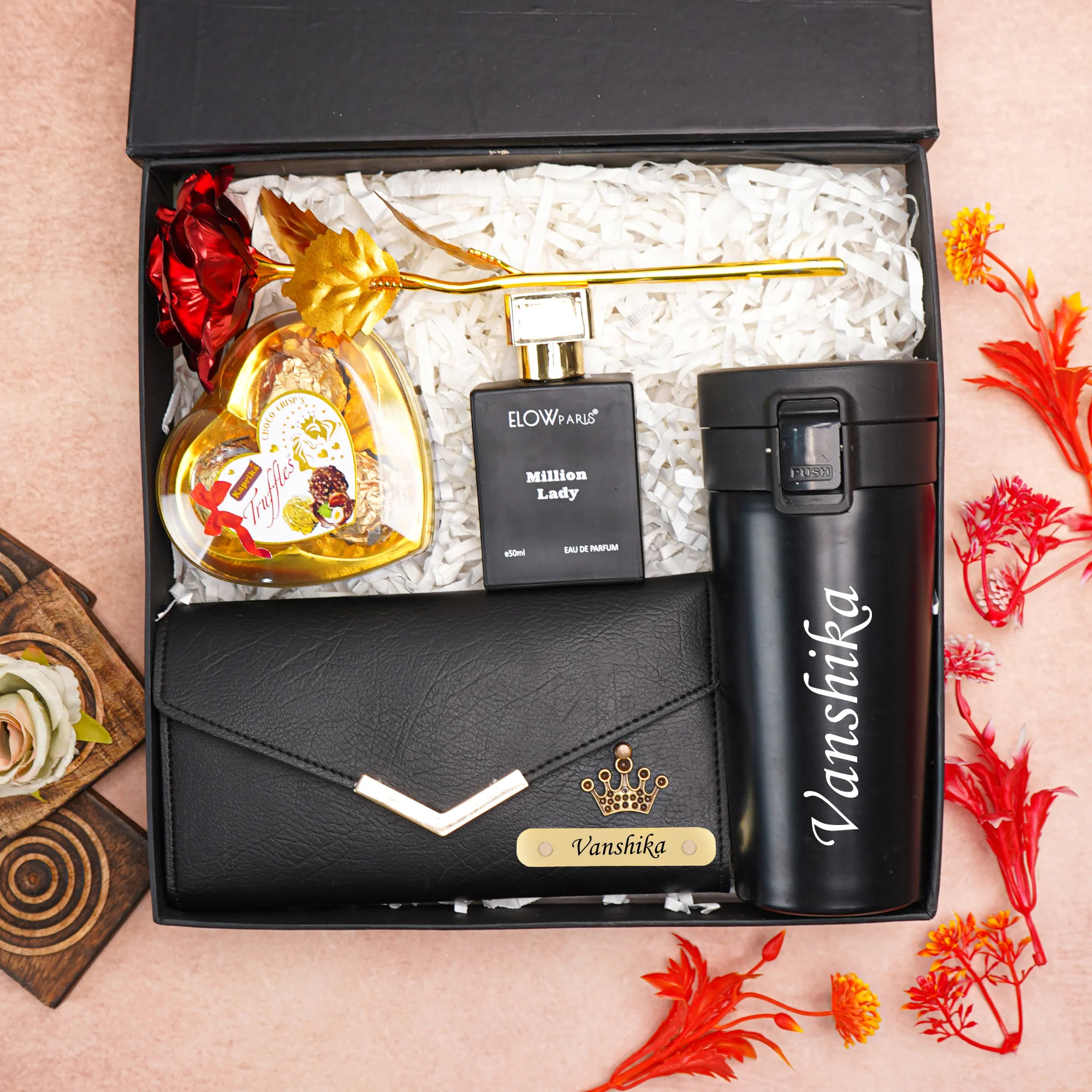 Personalised 5-in-1 Gift Box for Girlfriend | Wife Birthday & Anniversary – Personalised Name Clutch, Perfume, Travel Mug & Chocolates & Rose for birthday & anniversary - Image 5