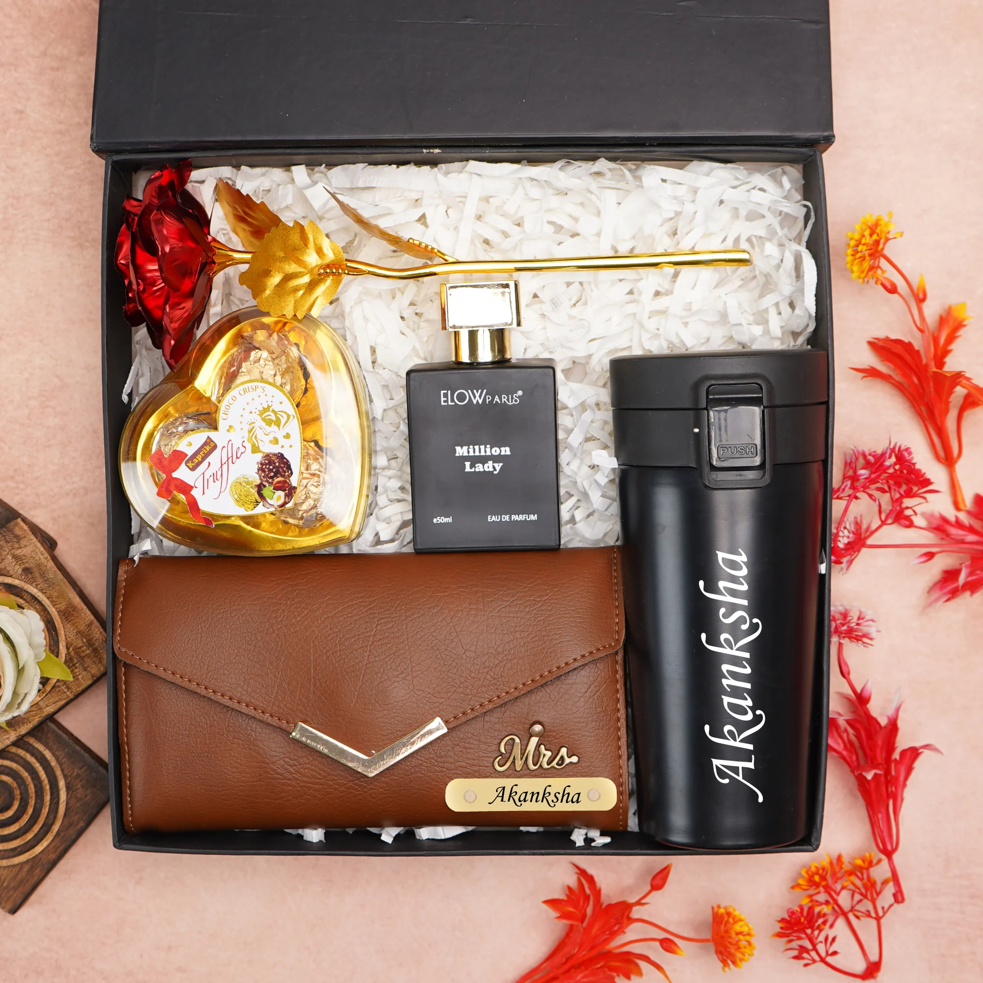 Personalised 5-in-1 Gift Box for Girlfriend | Wife Birthday & Anniversary – Personalised Name Clutch, Perfume, Travel Mug & Chocolates & Rose for birthday & anniversary - Image 6
