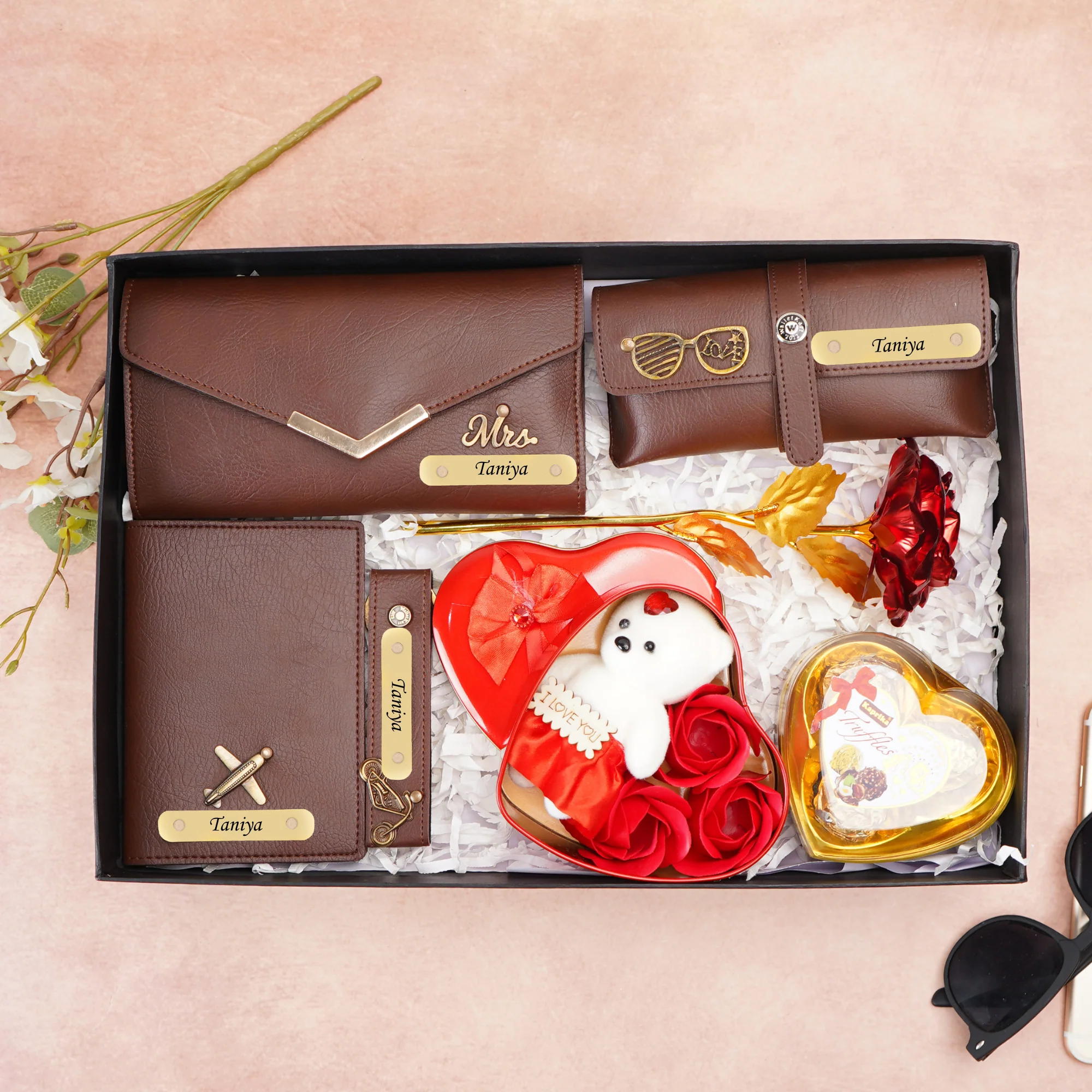 Personalised 7-in-1 Gift Box for Girlfriend / Wife On Birthday and Anniversary – Personalised Clutch, Passport Cover & Cute Teddy with Chocolates & Rose - Image 6