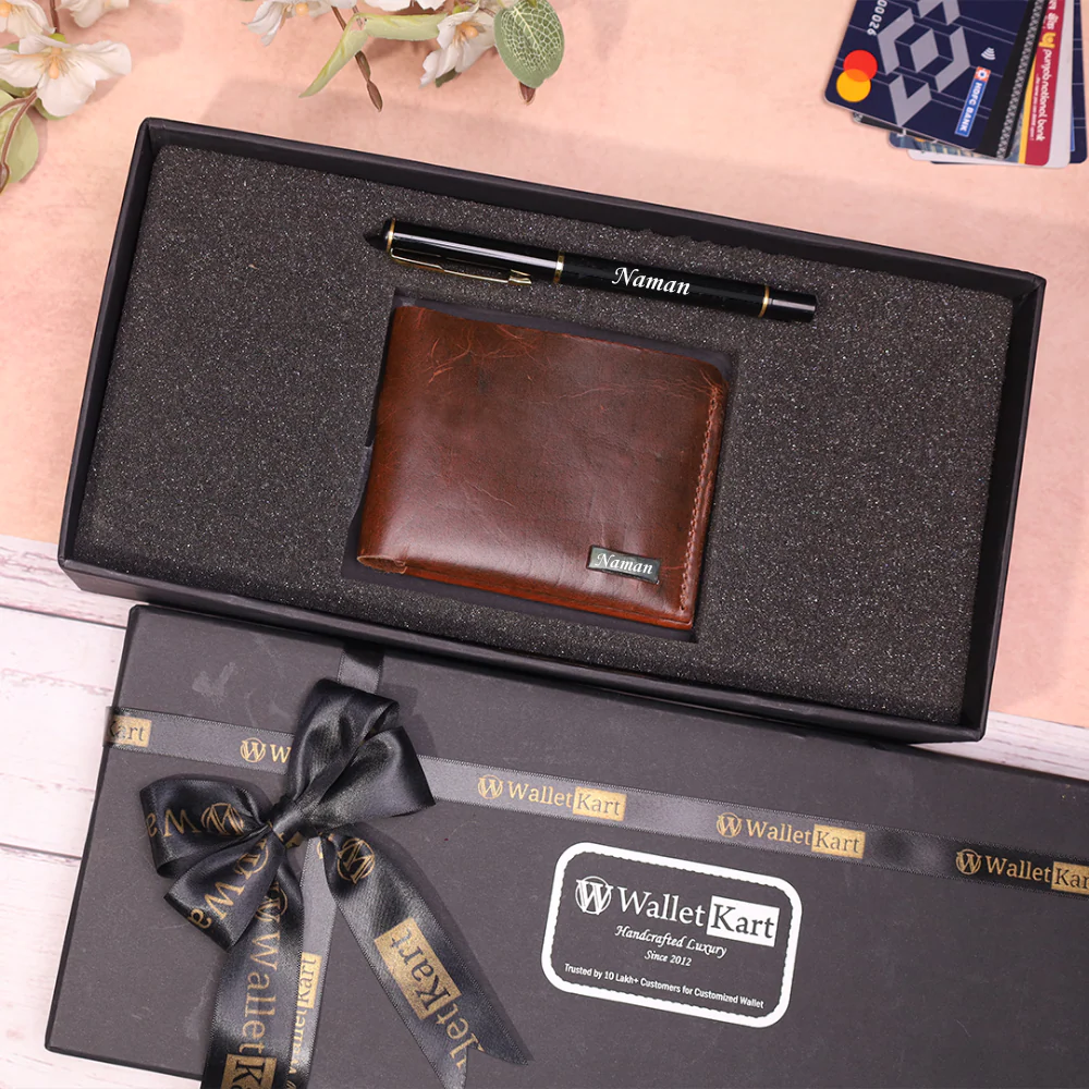 Stylish Handcrafted Leather Wallet and Pen Combo | Premium Personalized Gift Combo for your Loved one's (STYLE ID #23) - Image 4