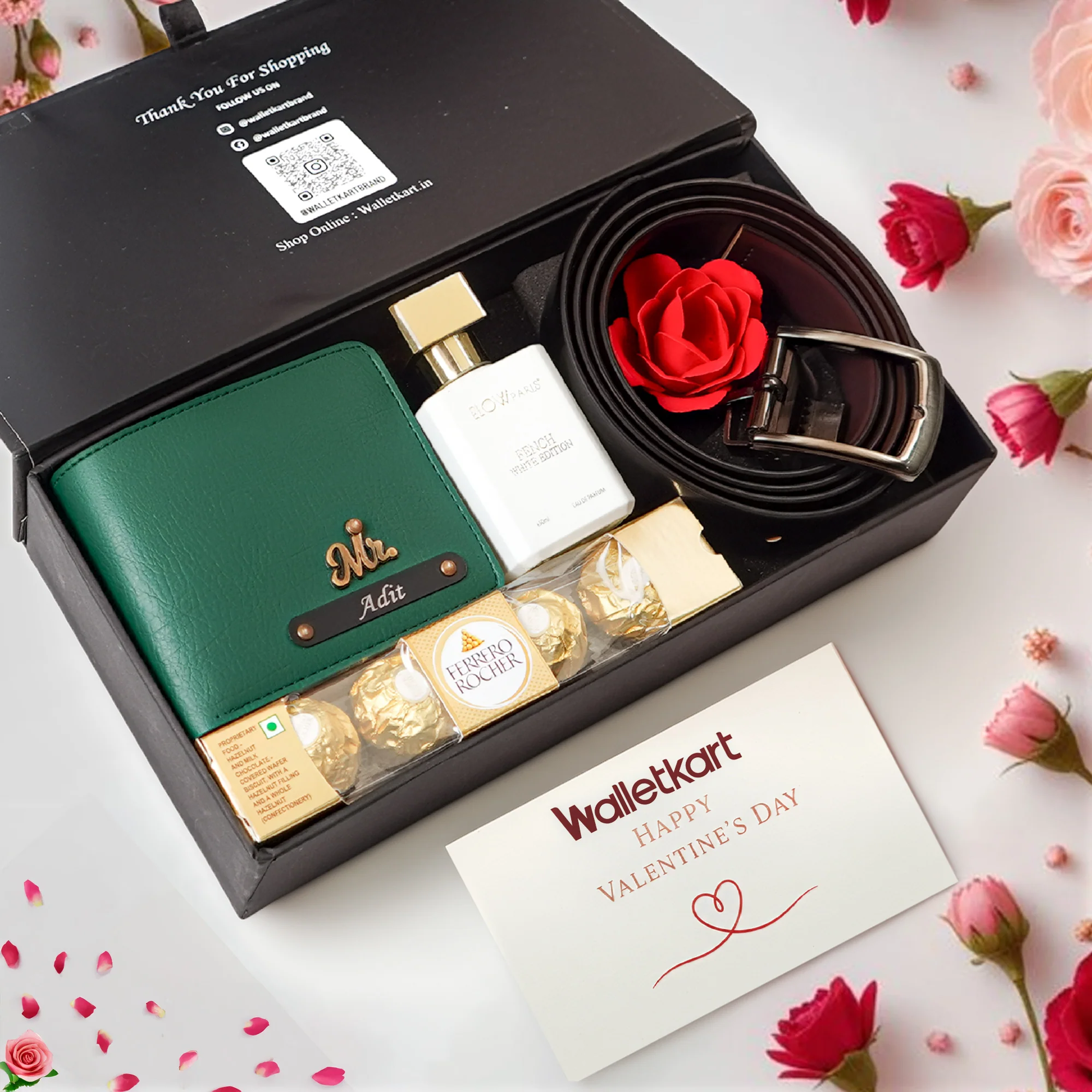 Valentine Gentleman’s Edition For Boyfriend Husband – Personalised Leather Men's Wallet, Belt, Perfume & Chocolates - Image 4