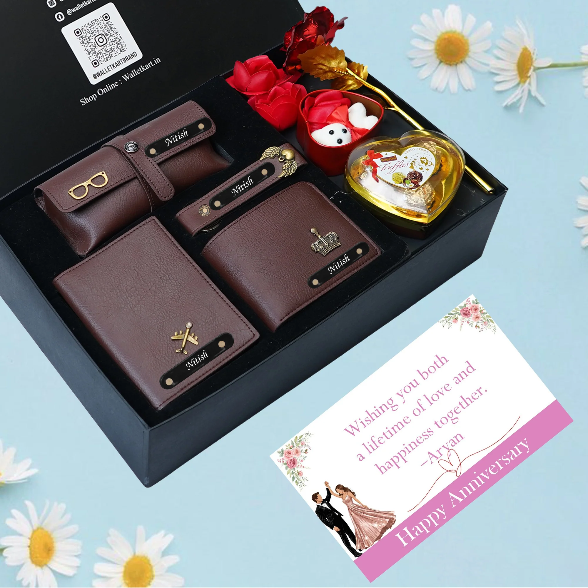 Personalized Anniversary Love Box for Him – Romantic Gift Set with Wallet, Passport Cover, Eyewear Case, Keychain, Chocolates, Teddy & Rose