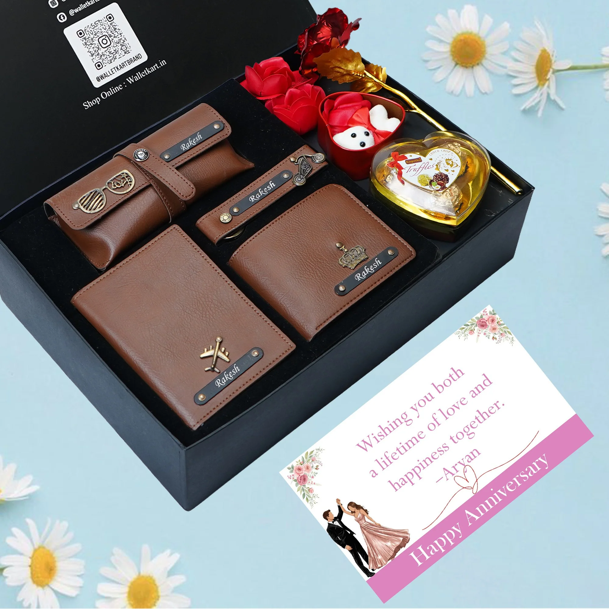 Personalized Anniversary Love Box for Him – Romantic Gift Set with Wallet, Passport Cover, Eyewear Case, Keychain, Chocolates, Teddy & Rose - Image 3