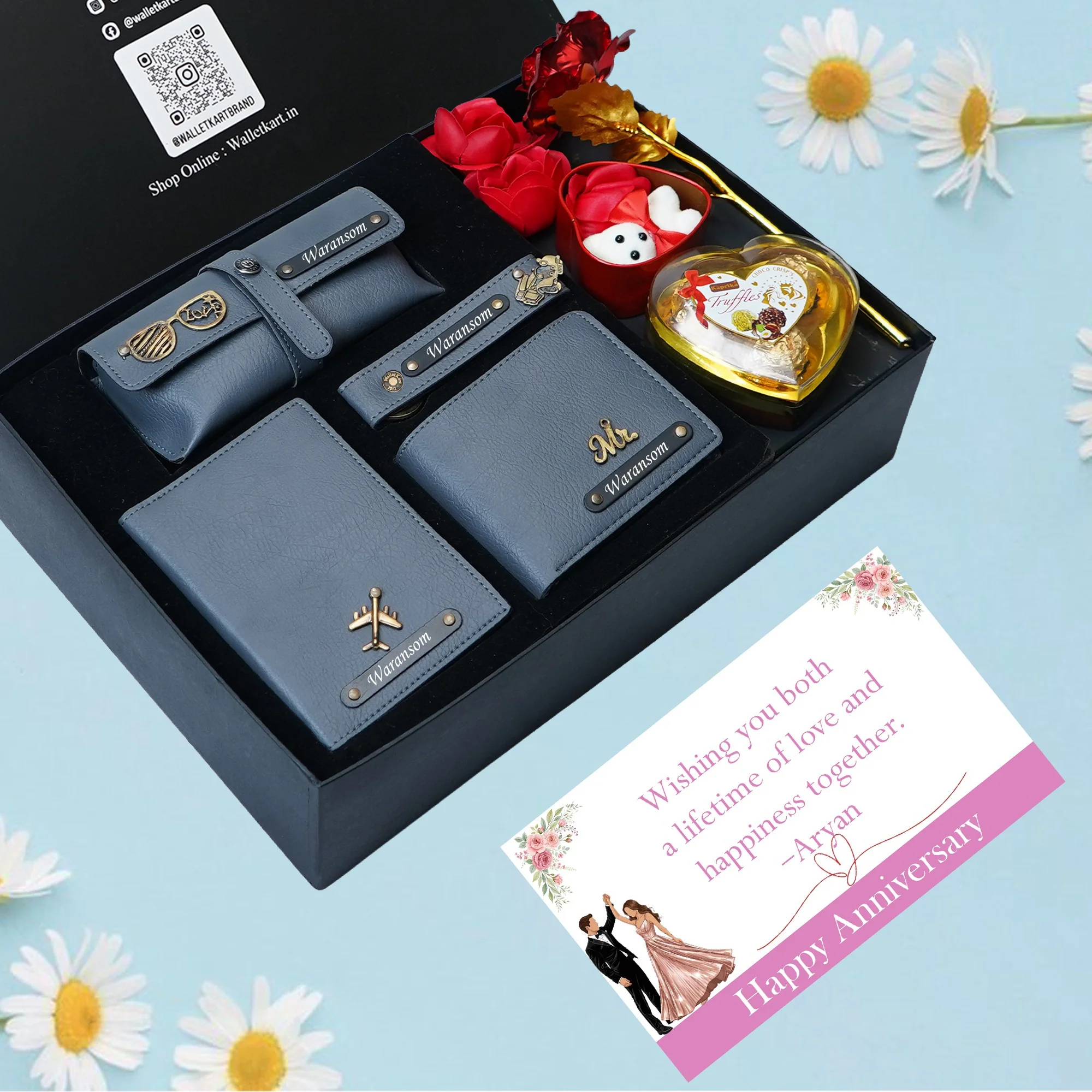 Personalized Anniversary Love Box for Him – Romantic Gift Set with Wallet, Passport Cover, Eyewear Case, Keychain, Chocolates, Teddy & Rose - Image 4