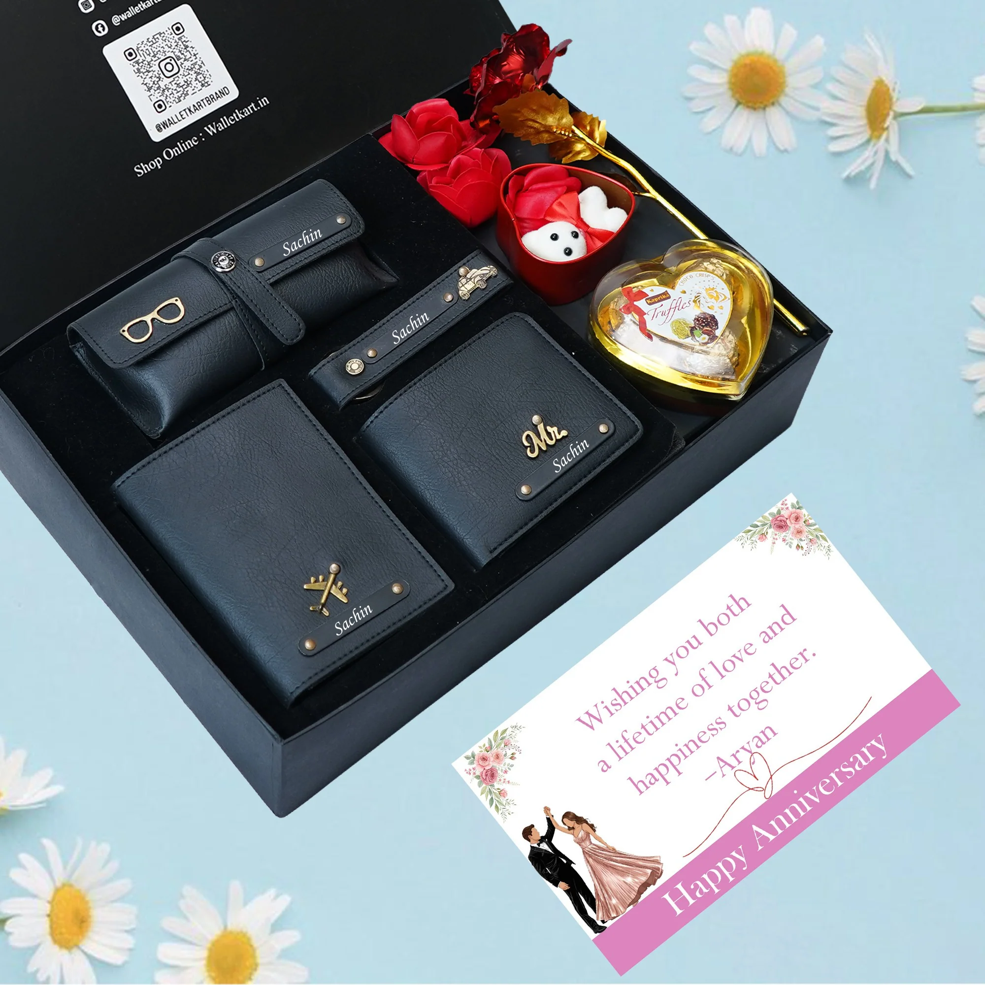 Personalized Anniversary Love Box for Him – Romantic Gift Set with Wallet, Passport Cover, Eyewear Case, Keychain, Chocolates, Teddy & Rose - Image 5