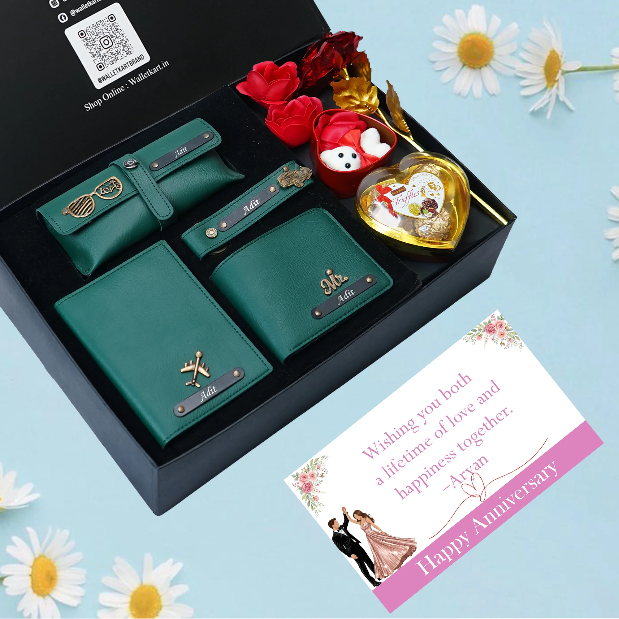 Personalized Anniversary Love Box for Him – Romantic Gift Set with Wallet, Passport Cover, Eyewear Case, Keychain, Chocolates, Teddy & Rose - Image 6