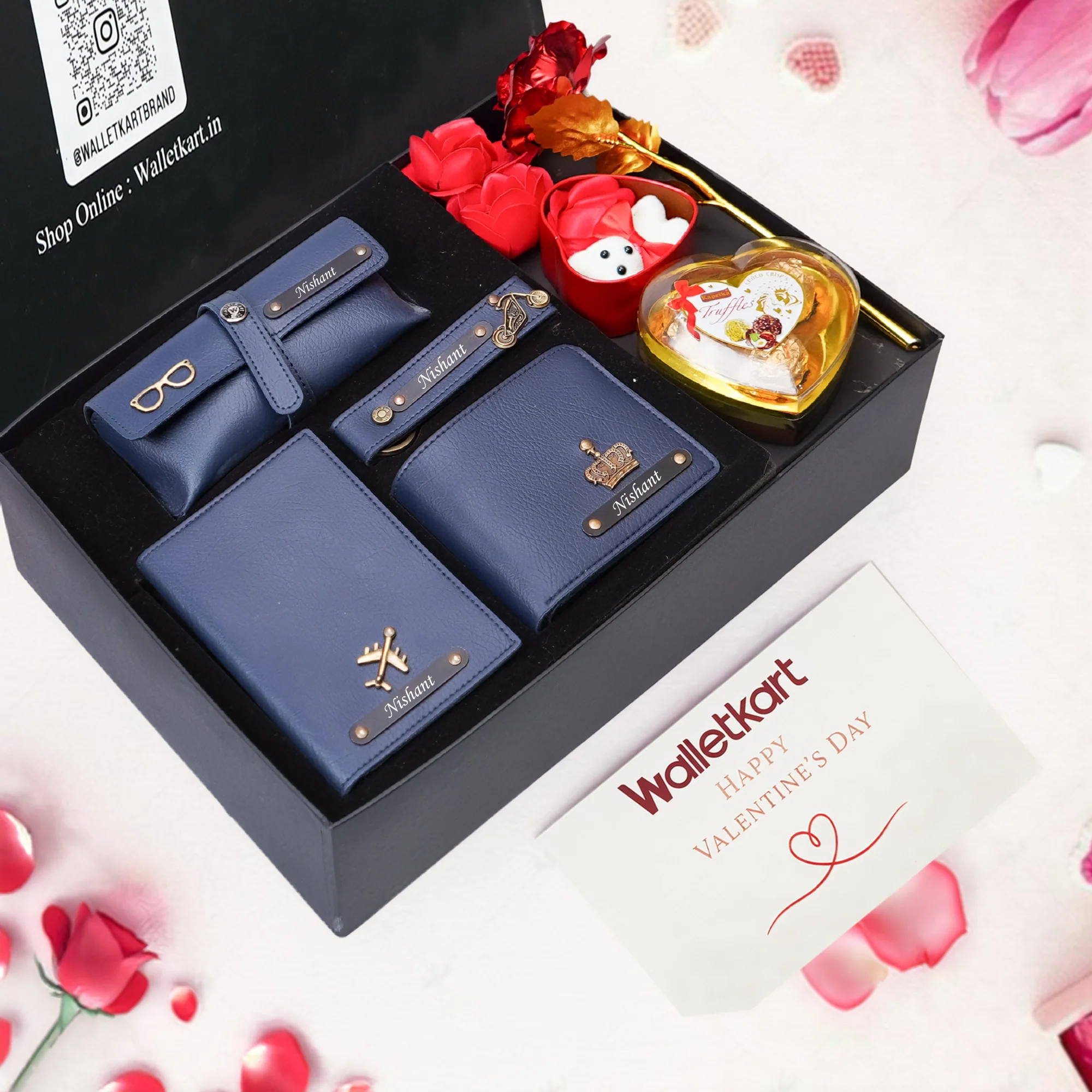 Valentine Love Box For Boyfriend Husband – Personalised Men's Wallet, Passport Cover, Eyewear Case, Keychain, Teddy, Rose & Chocolates - Image 5