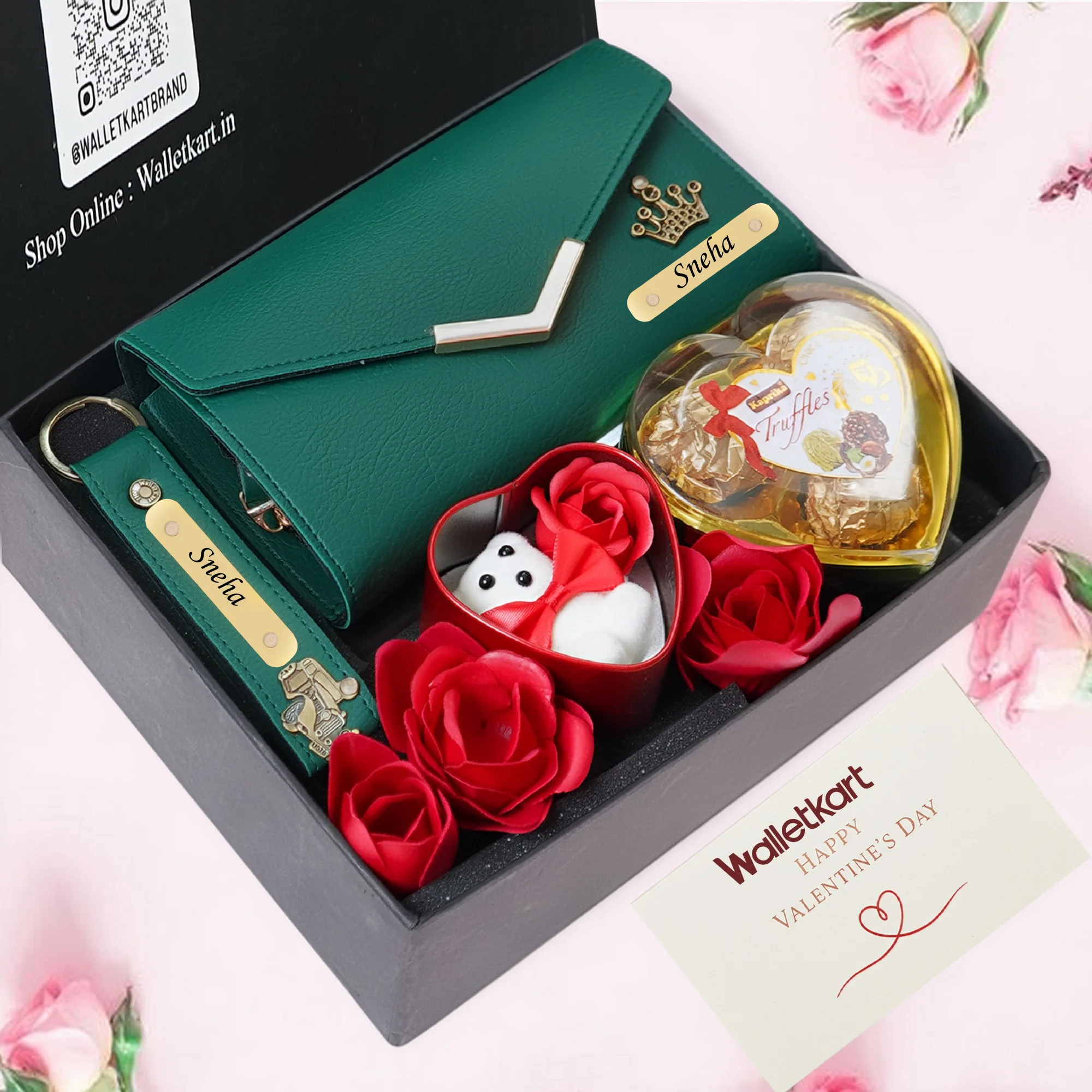 Personalised Valentine Romantic Gift for Girlfriend Wife – Women's Clutch, Keychain, Teddy & Chocolates - Image 3
