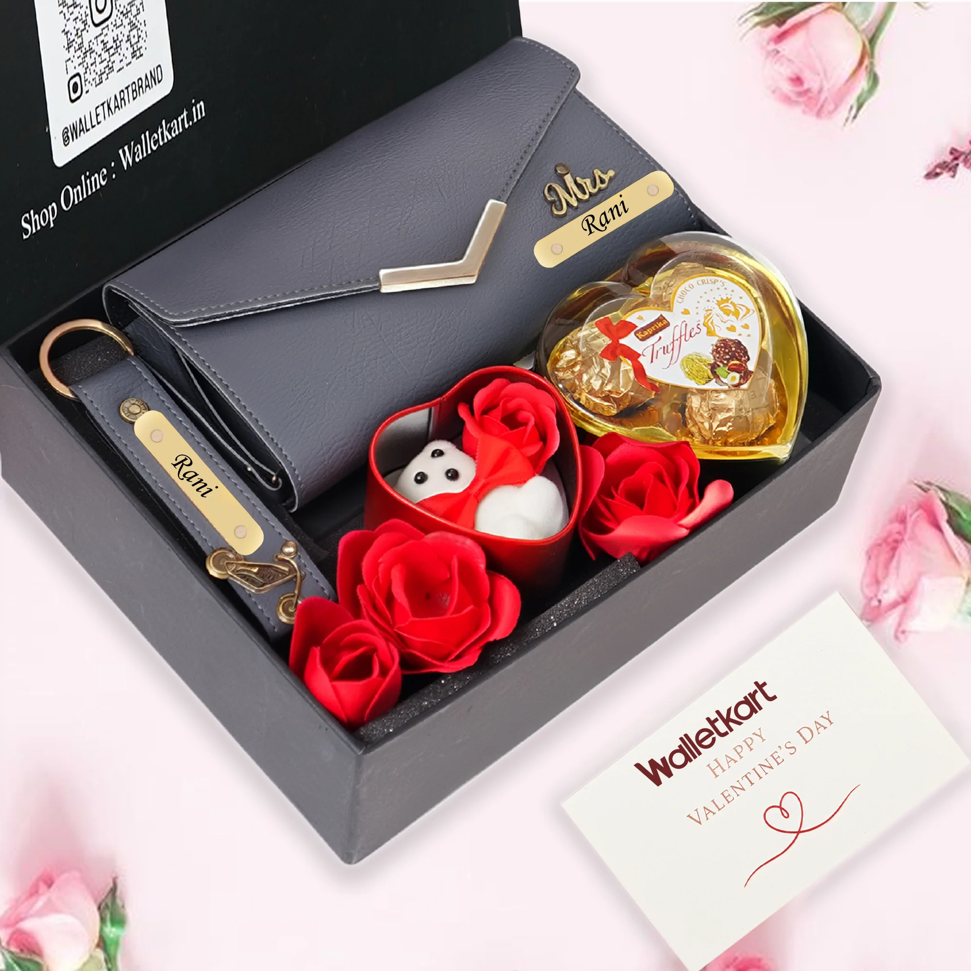 Personalised Valentine Romantic Gift for Girlfriend Wife – Women's Clutch, Keychain, Teddy & Chocolates - Image 5
