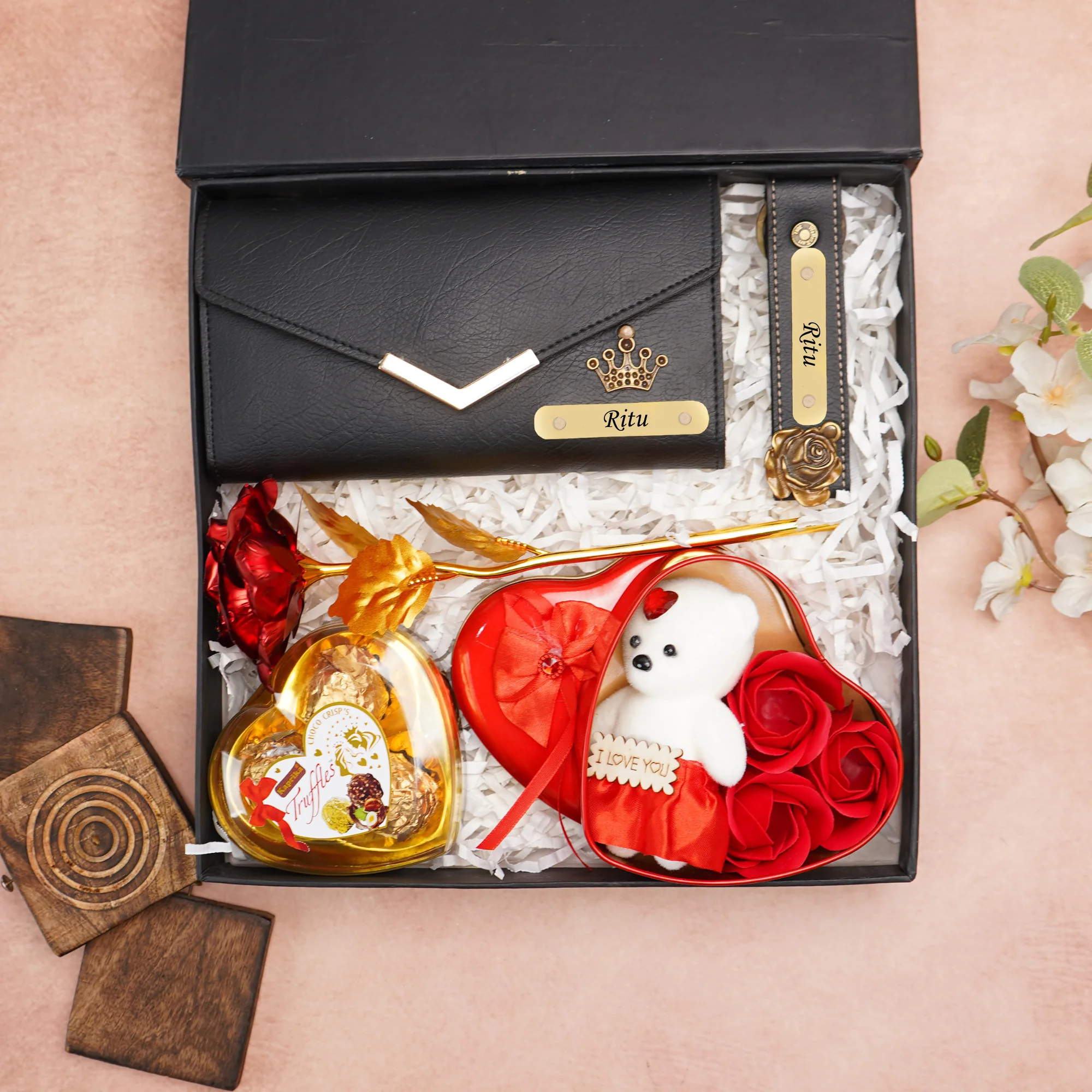 Personalised Romantic Gift Set for Girlfriend – Clutch with Name & Charm, Keychain, Teddy, Rose, Chocolates - Image 6