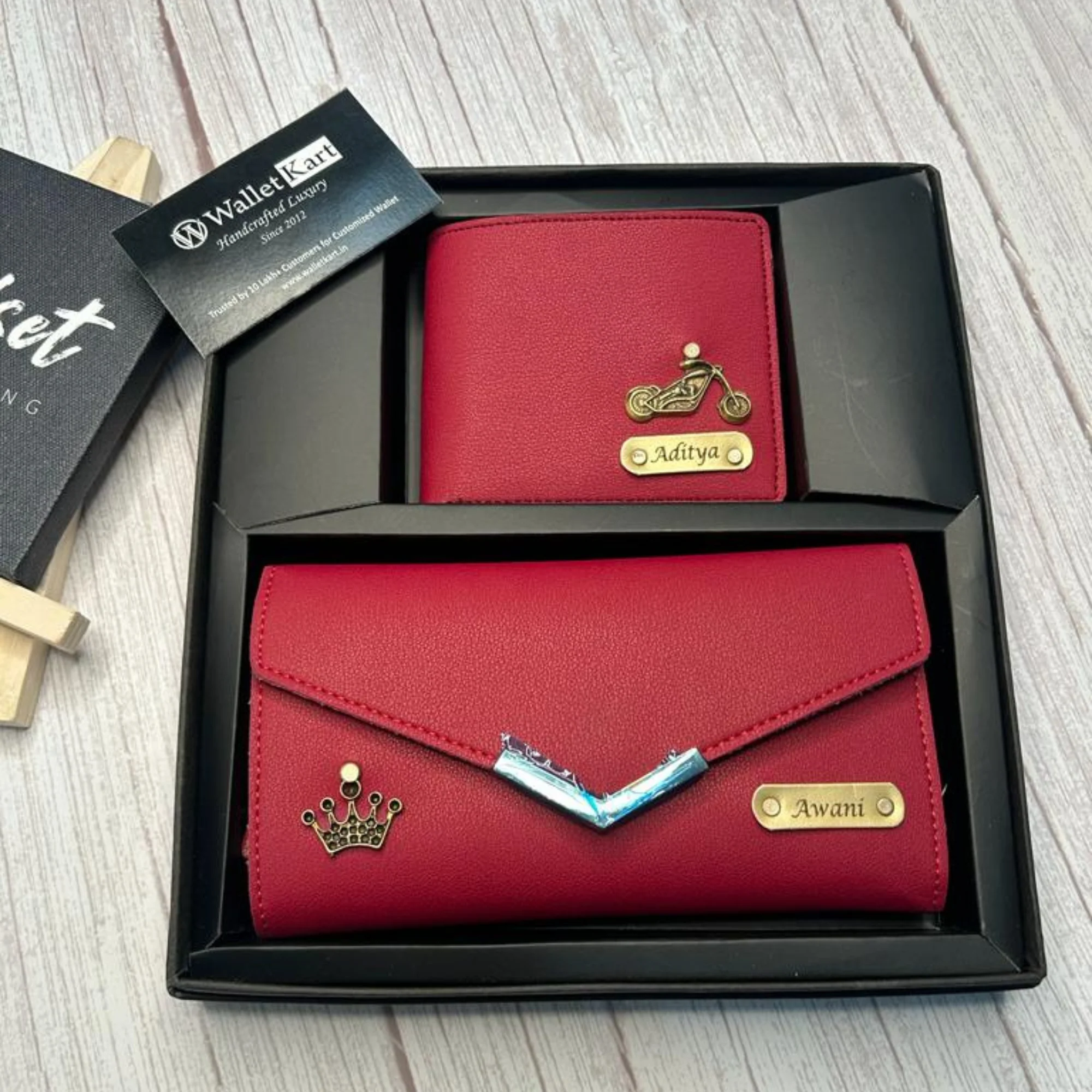 Personalised Leather Name Men's Wallet & Female's Clutch Combo For Couple - Image 11