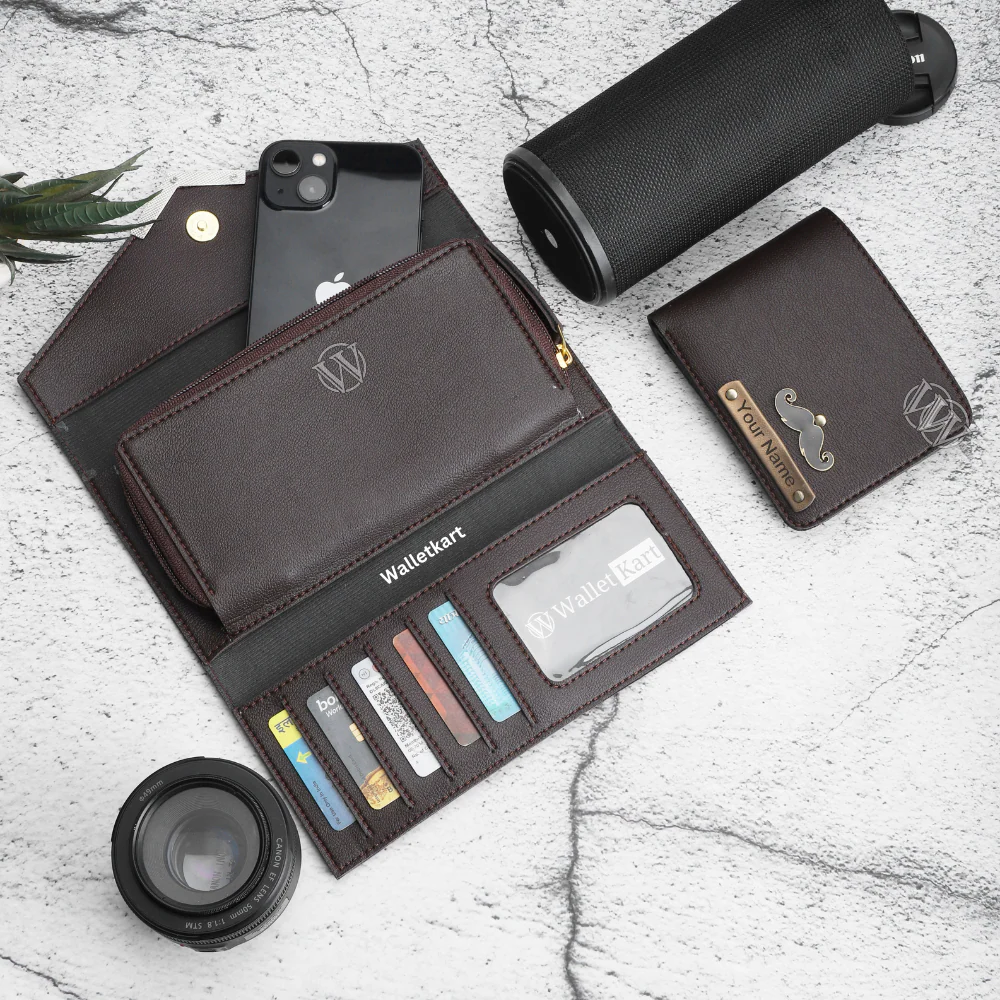 Personalised Leather Name Men's Wallet & Female's Clutch Combo For Couple - Image 12