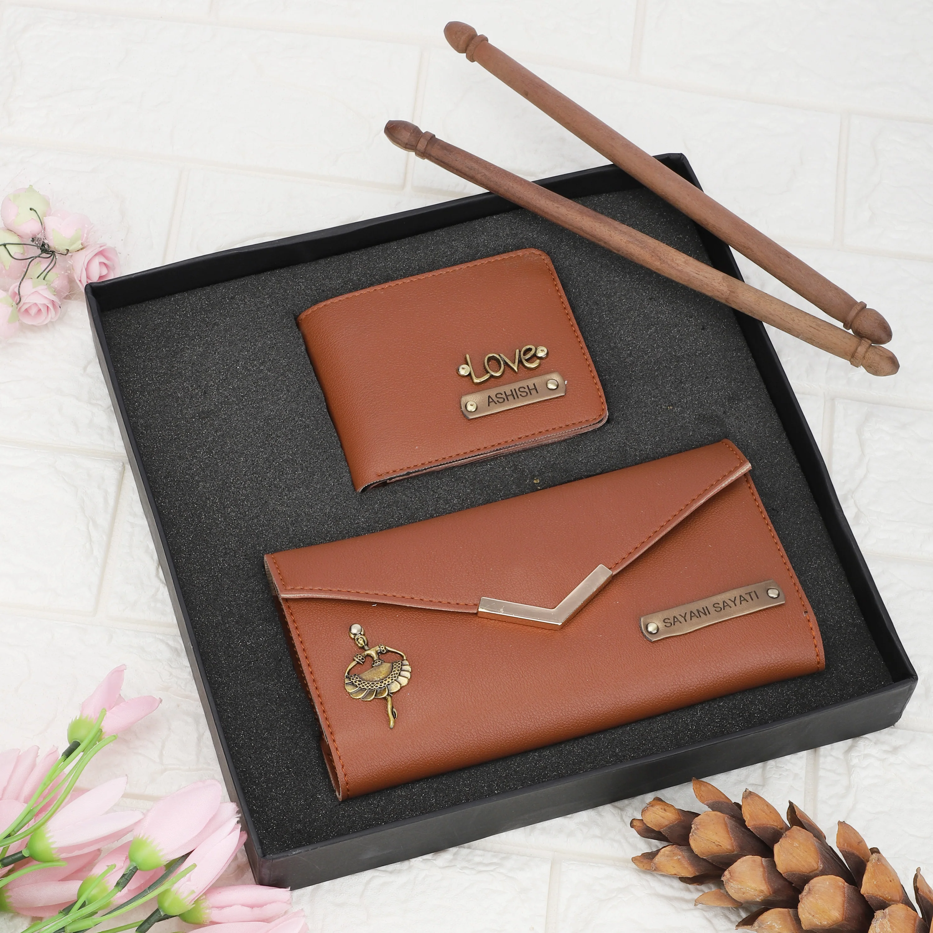 Personalised Leather Name Men's Wallet & Female's Clutch Combo For Couple - Image 7
