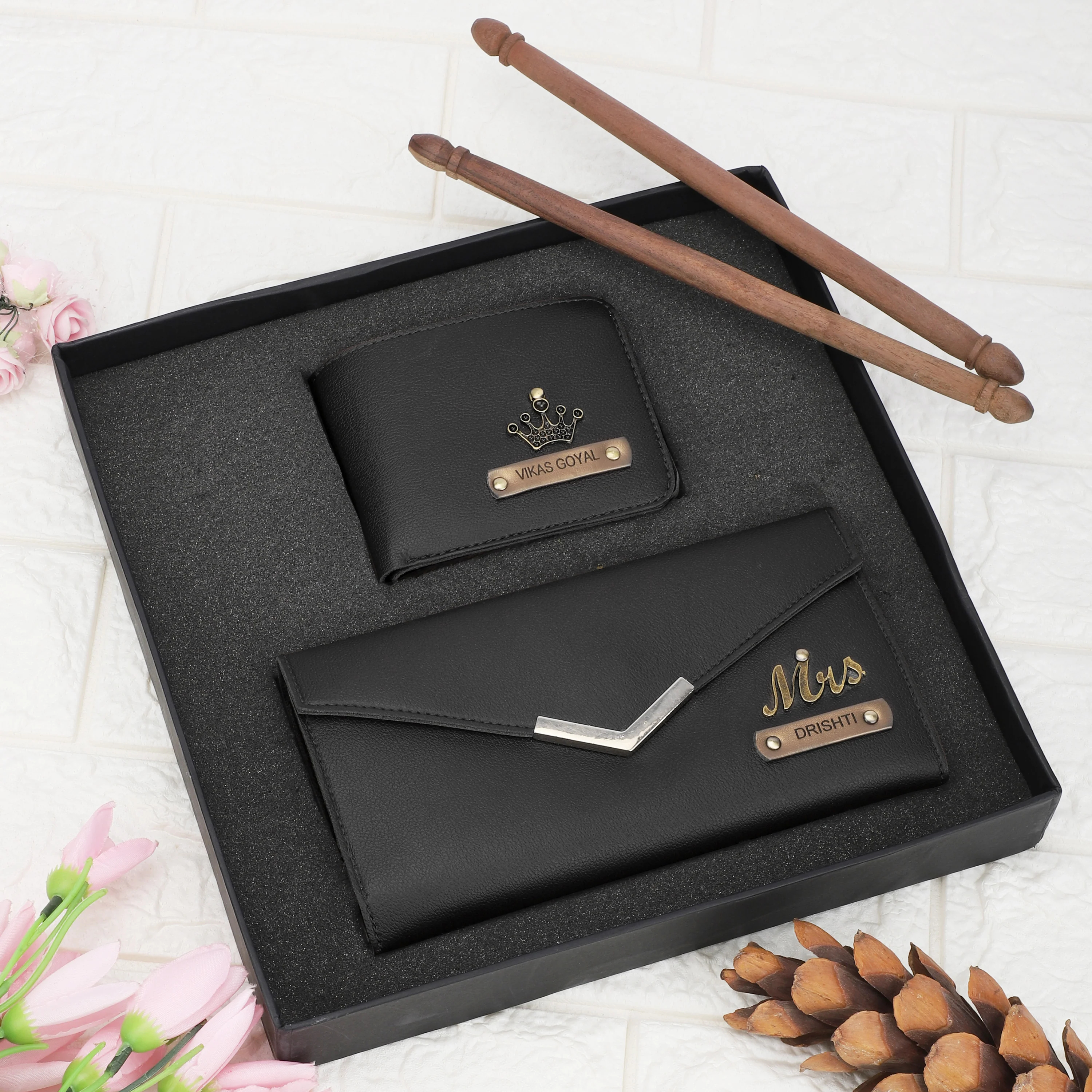 Personalised Leather Name Men's Wallet & Female's Clutch Combo For Couple - Image 8