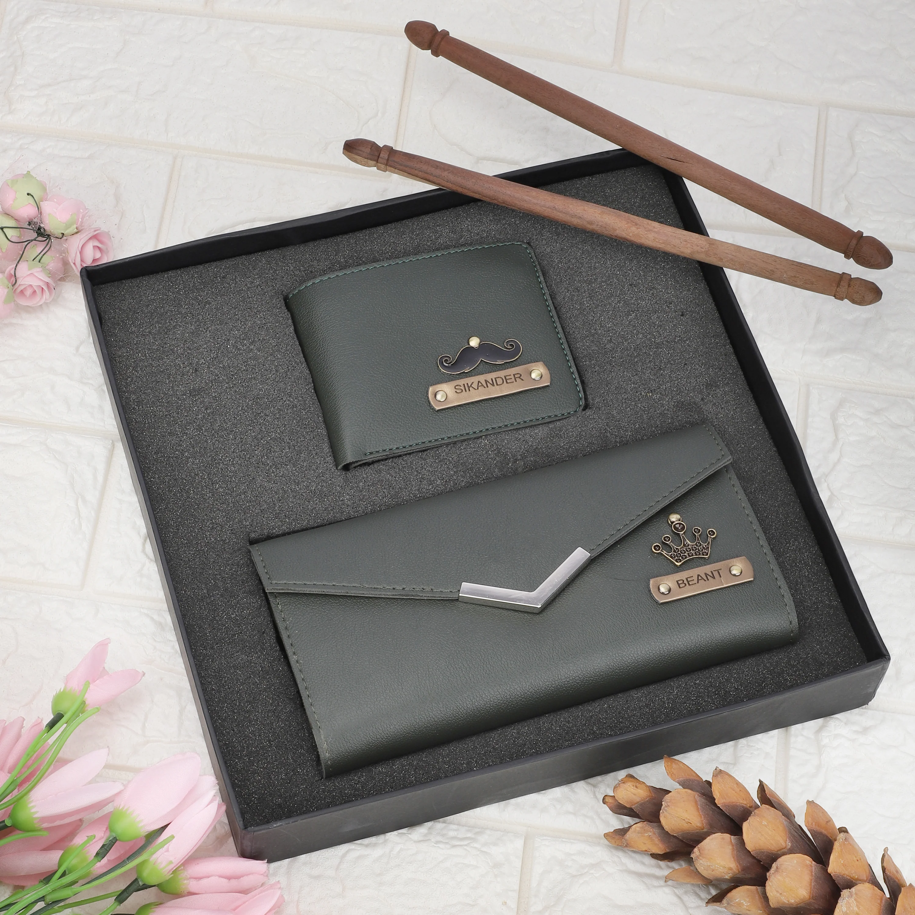 Personalised Leather Name Men's Wallet & Female's Clutch Combo For Couple - Image 9